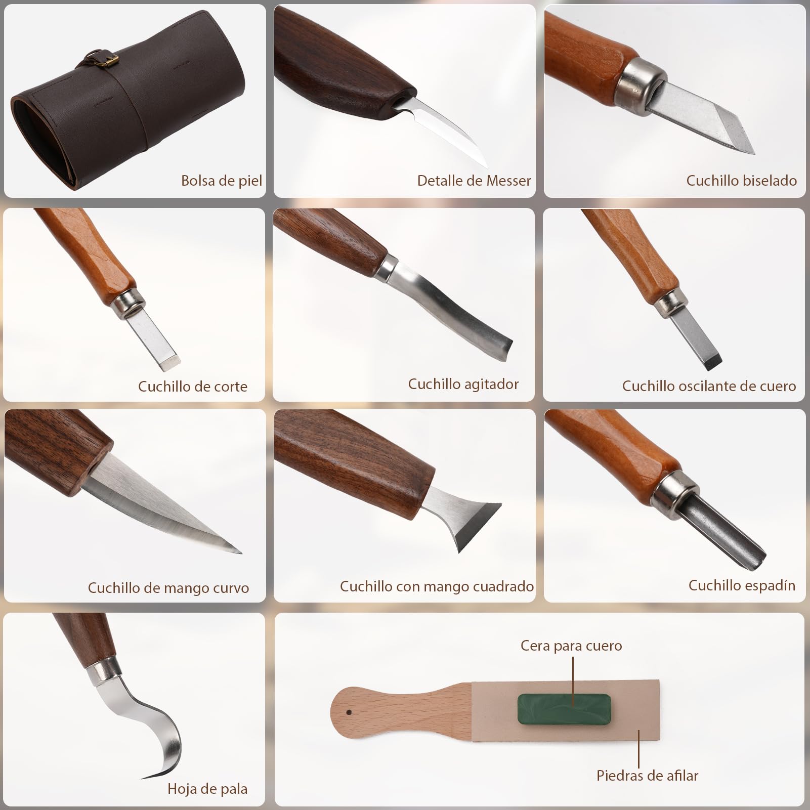 Gubias Para Tallar Madera Herramientas De Tallado De Detalles De 15 Piezas, Formones Para Madera Raspador De Madera Con De Nogal Y Kit De Tallado Con Piedra De Pulido Y Afilado