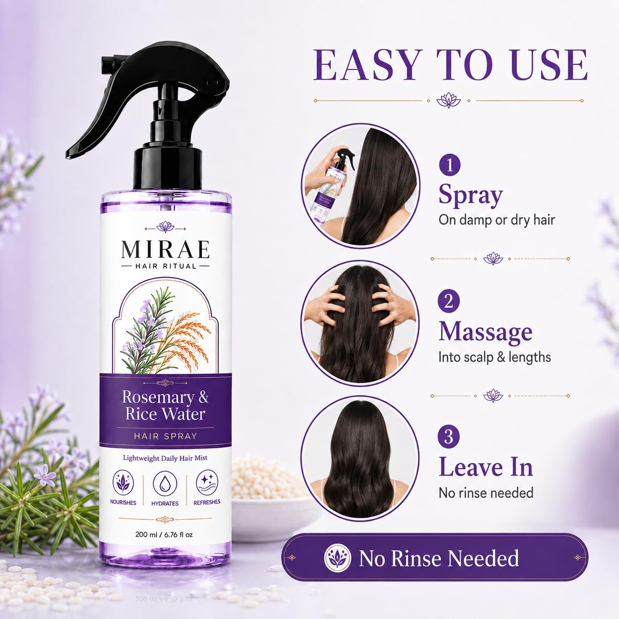 and Rice Water, Rosemary and Rice Water Spray for Hair Growth, Lightweight, Non-greasy Formula, For Softer, Smoother-Looking Hair, Fast Absorbing, 200ml