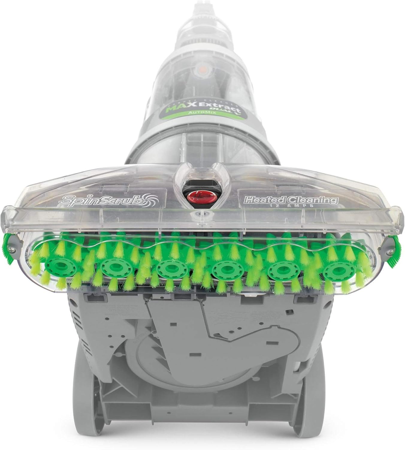 అండర్ సైడ్ view of the Hoover Max Extract Dual V WidePath Carpet Cleaner showing SpinScrub brushes