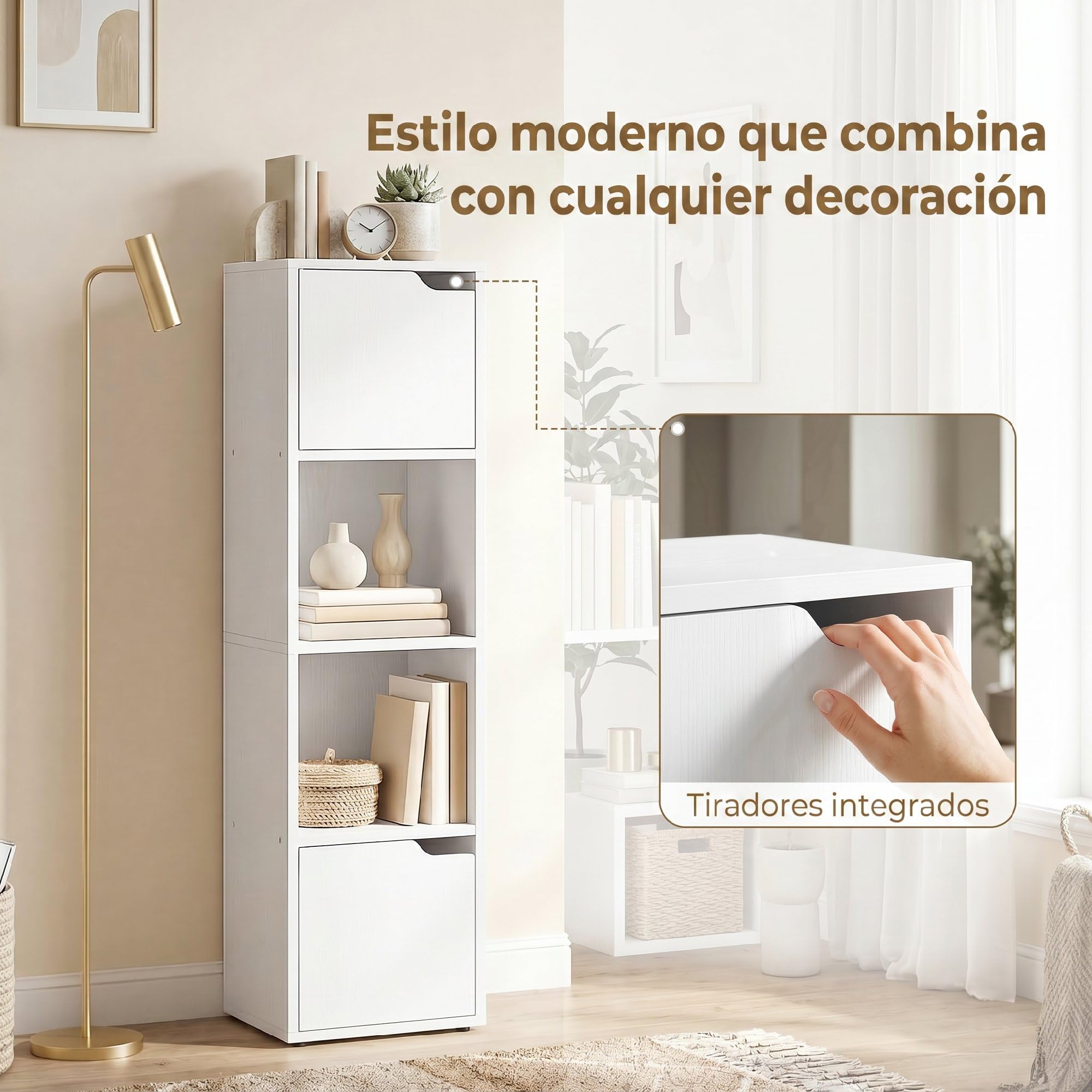 HOMCOM Estantería para Libros con 2 Puertas 4 Niveles 30x29x119 cm Blanco | Estantería Estrecha y Alta, Librería, 2 Estantes Abiertos, Armario Alto, para Salón Estudio Oficina