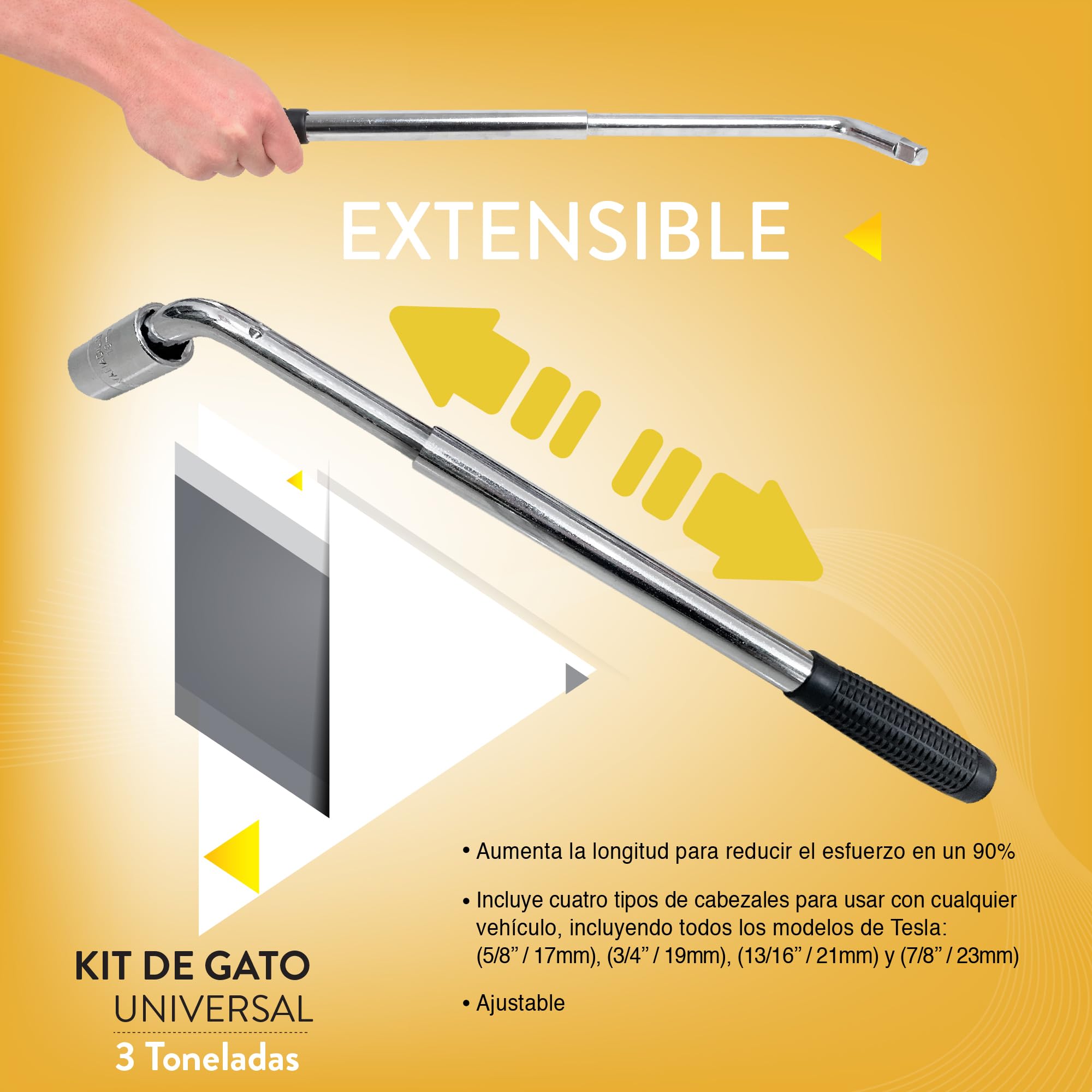Kit de Gato para Coche con Pad Tesla y Pad de Goma Universal 3 Toneladas (3000 kgs) | Gato de Tijera para Coche - Kit de Herramientas para Cambio de Neumáticos | Portátil, Ideal para SUV y Coches