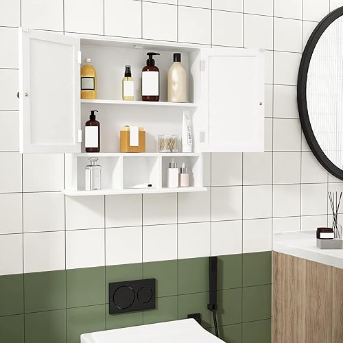 Miniatura 7 de ChooChoo Armario de baño montado en la pared de 2 puertas con 3 estantes abiertos, botiquines de madera con estante ajustable, armarios de