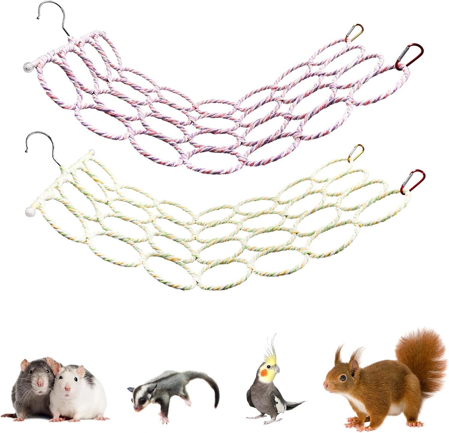 2 Pack Rat Cage Accessories, Rope Net Climbing Toys with Metal Hooks, Sugar Glider Toys, Hammock for Rat, Squirrel, Sugar Glider and Other Small Animals