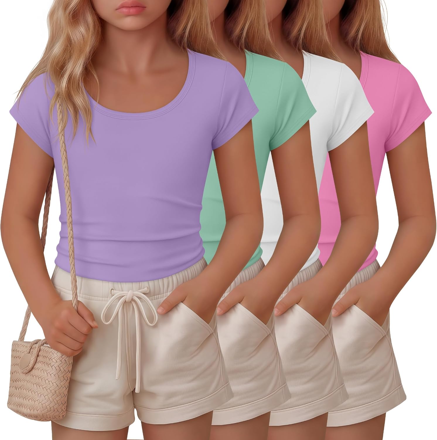 Oakgarden 4 Pack Girls Short Cap Sleeve T Shirts Scoop Neck Tops Kids Casual Slim Basic Summer Tees 5-14 Years