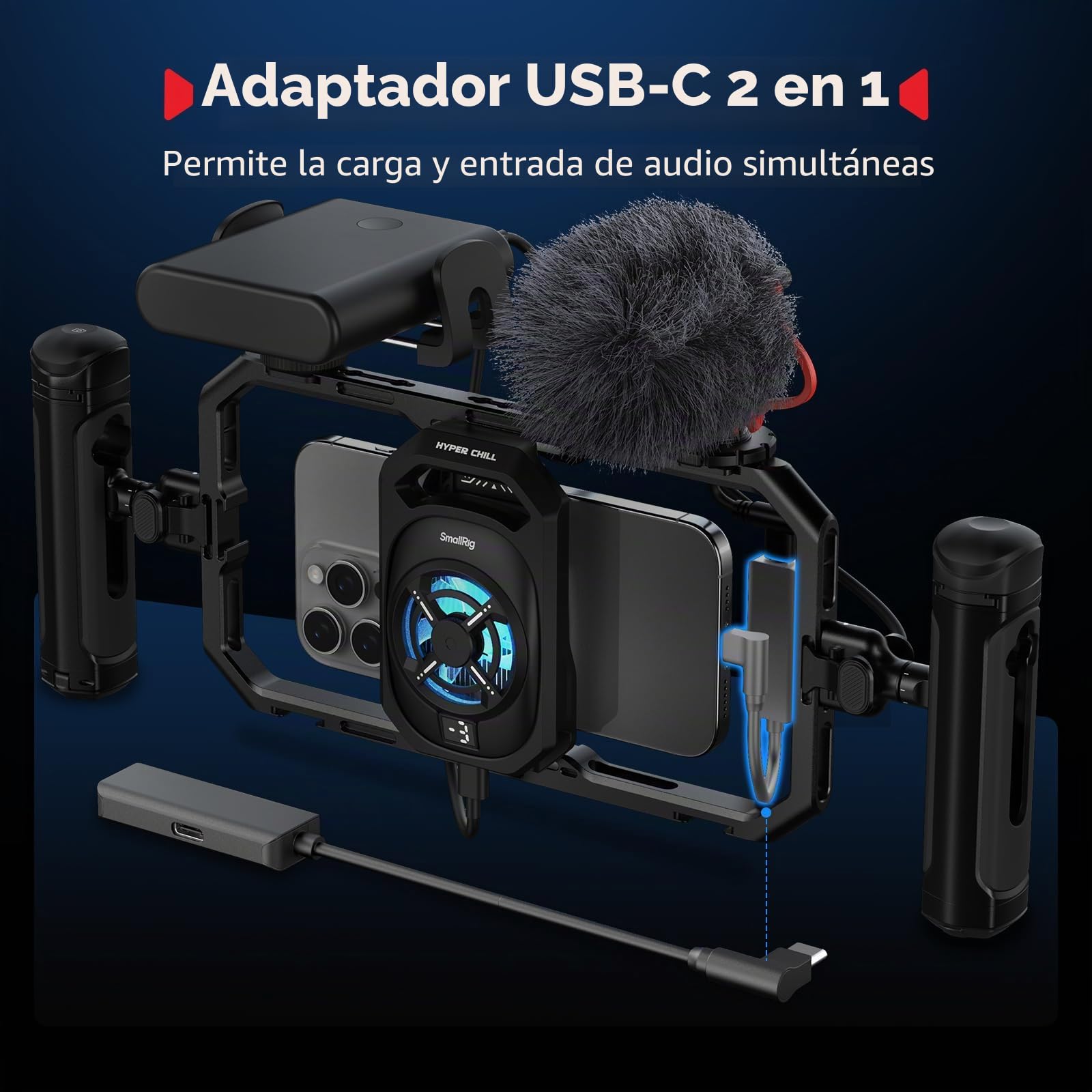 SmallRig Jaula universal Hyper Chill Cooling para iPhone/Android, con enfriador activo de 15 W y adaptador USB-C 2 en 1 y soporte para banco de energía, teléfonos compatibles de 2.5 a 3.1 pulgadas