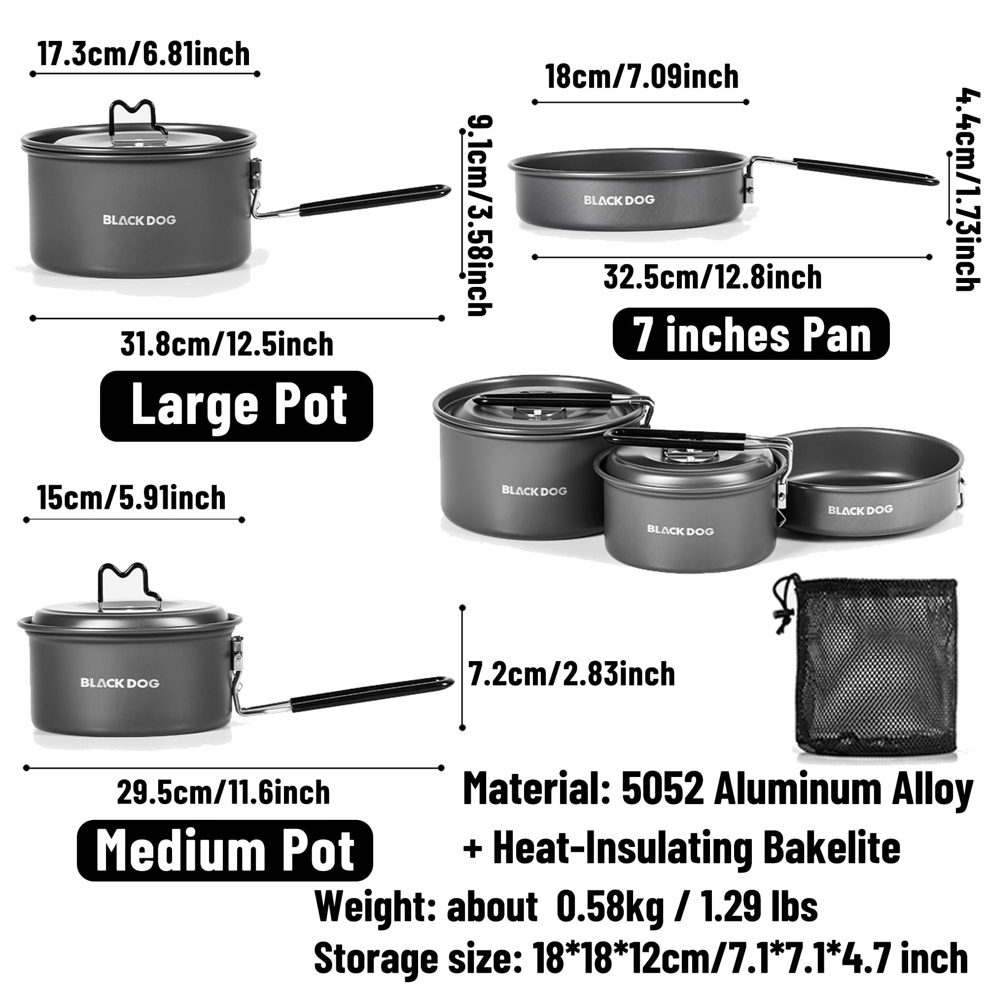 Naturehike Blackdog Ultraleichtes Camping-Kochgeschirr-Set – 3-teiliges kompaktes Nisttopf- und Pfannen-Set, 0,6 kg Aluminium, Camping-Kochset für Rucksackreisen, Herd, 2–4 Personen, Outdoor, Camping