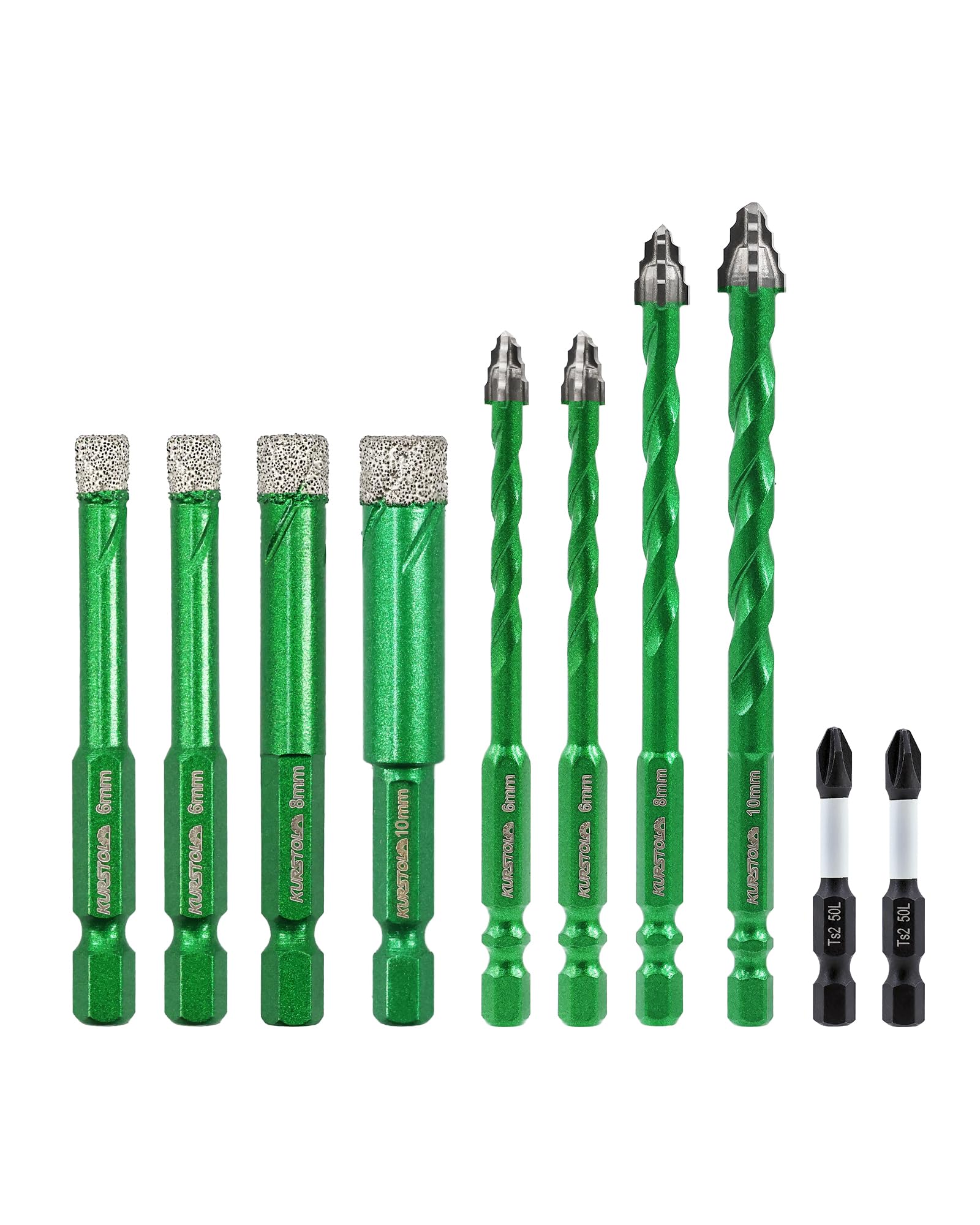 KURSTOL Diamond Drill Bit Set 10pcs - 6/8/10mm Masonry Drill Bit with PH2 Screwdriver Bit for Porcelain Tile Ceramic Granite Marble Glass Wood Plastic Masonry