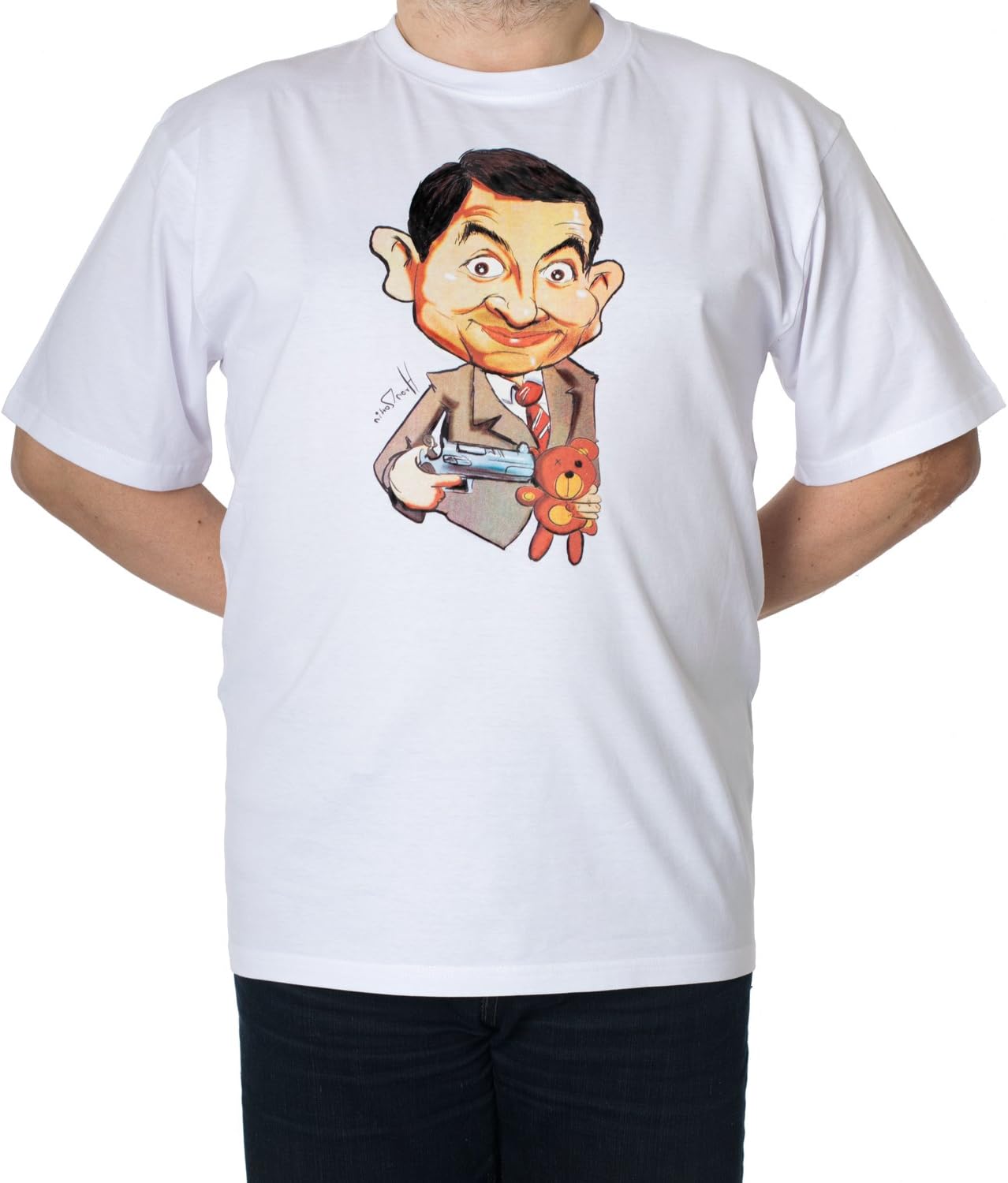 Flowear Funny Men's T-Shirt with Mr. Bean Caricature Print (Large) White