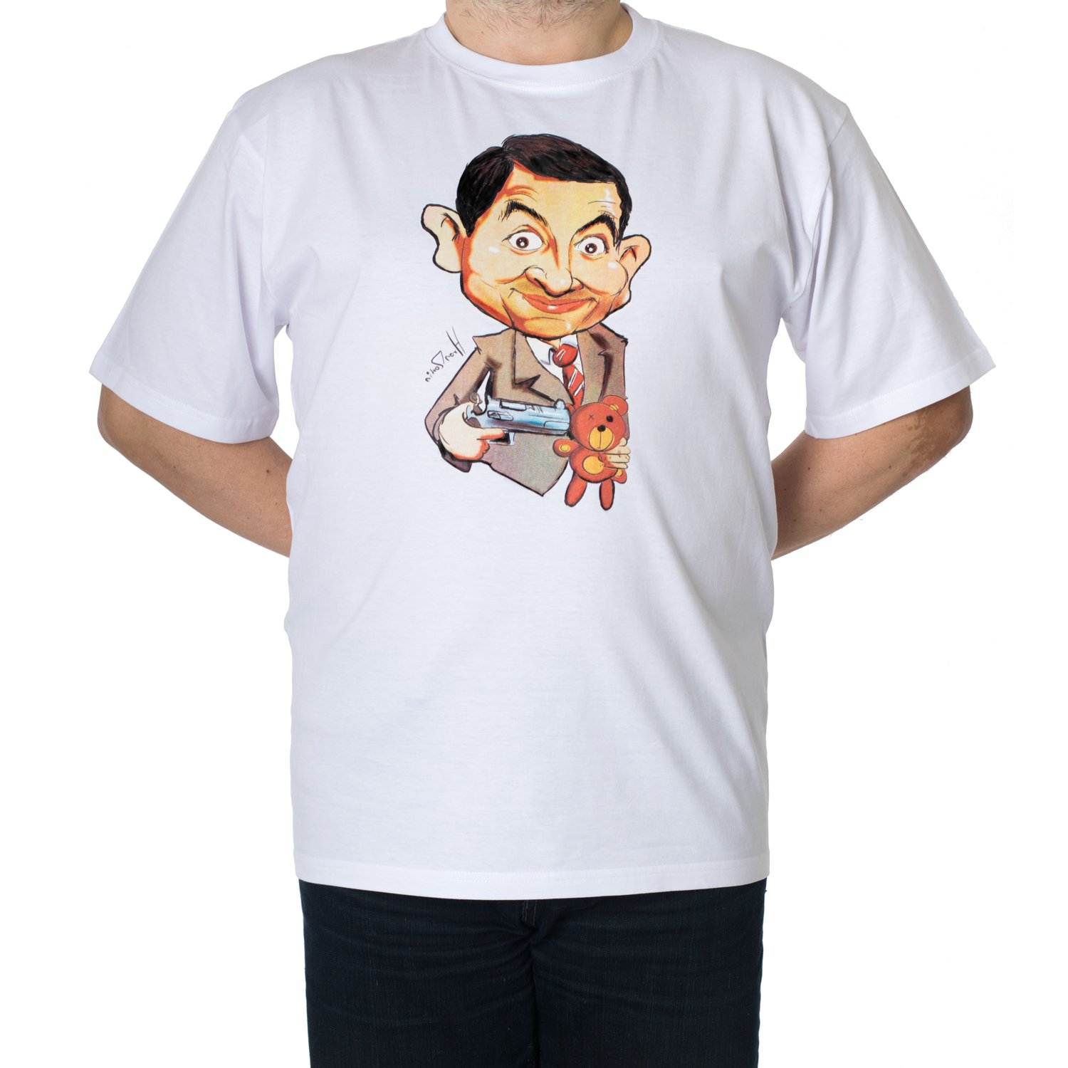 Flowear Funny Men's T-Shirt with Mr. Bean Caricature Print (Large) White