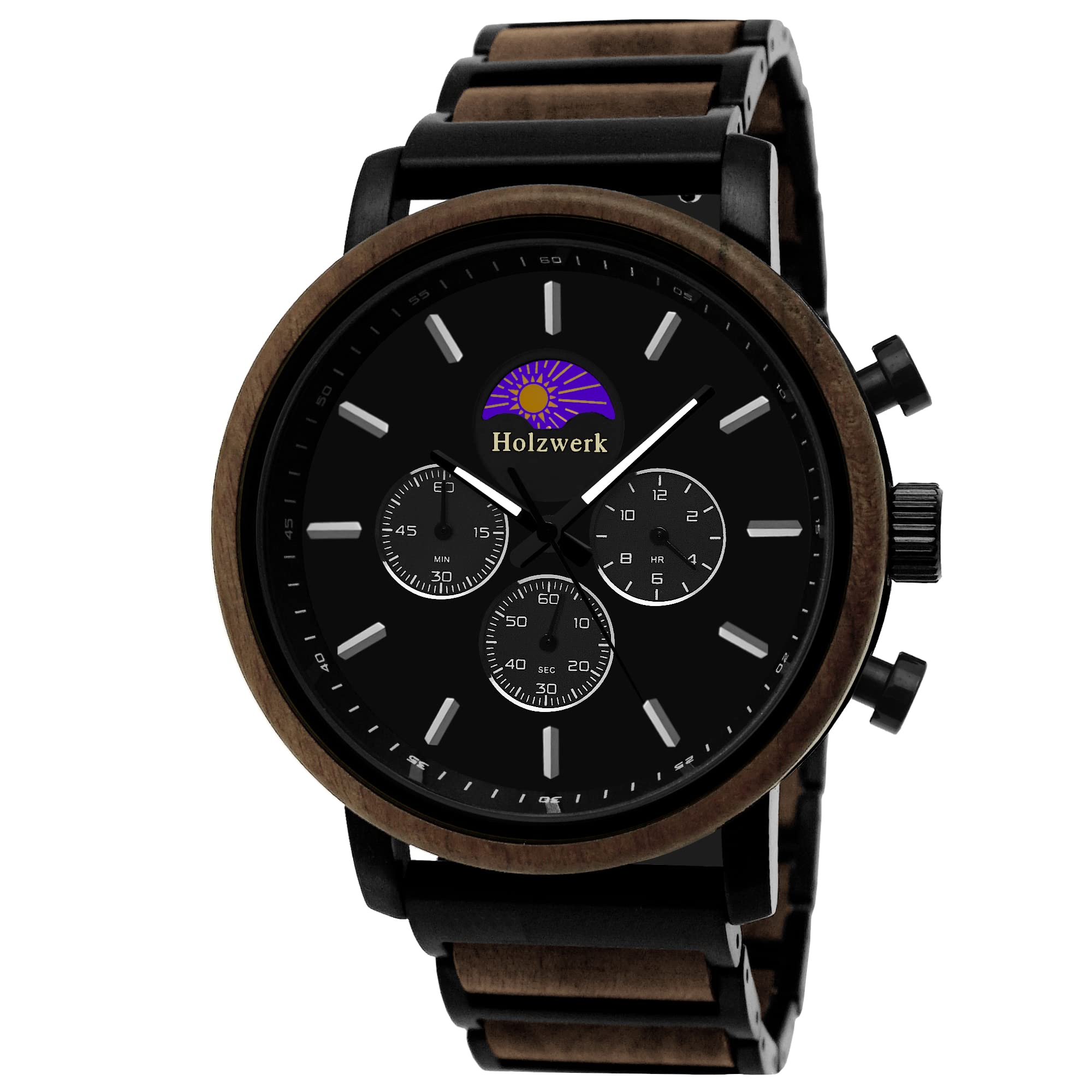 Holzwerk Germany Ręcznie wykonany designerski zegarek męski ekologiczny naturalny drewniany zegarek chronograf bransoletka zegarek analogowy zegarek kwarcowy brązowy czarny niebieski srebrny z fazą