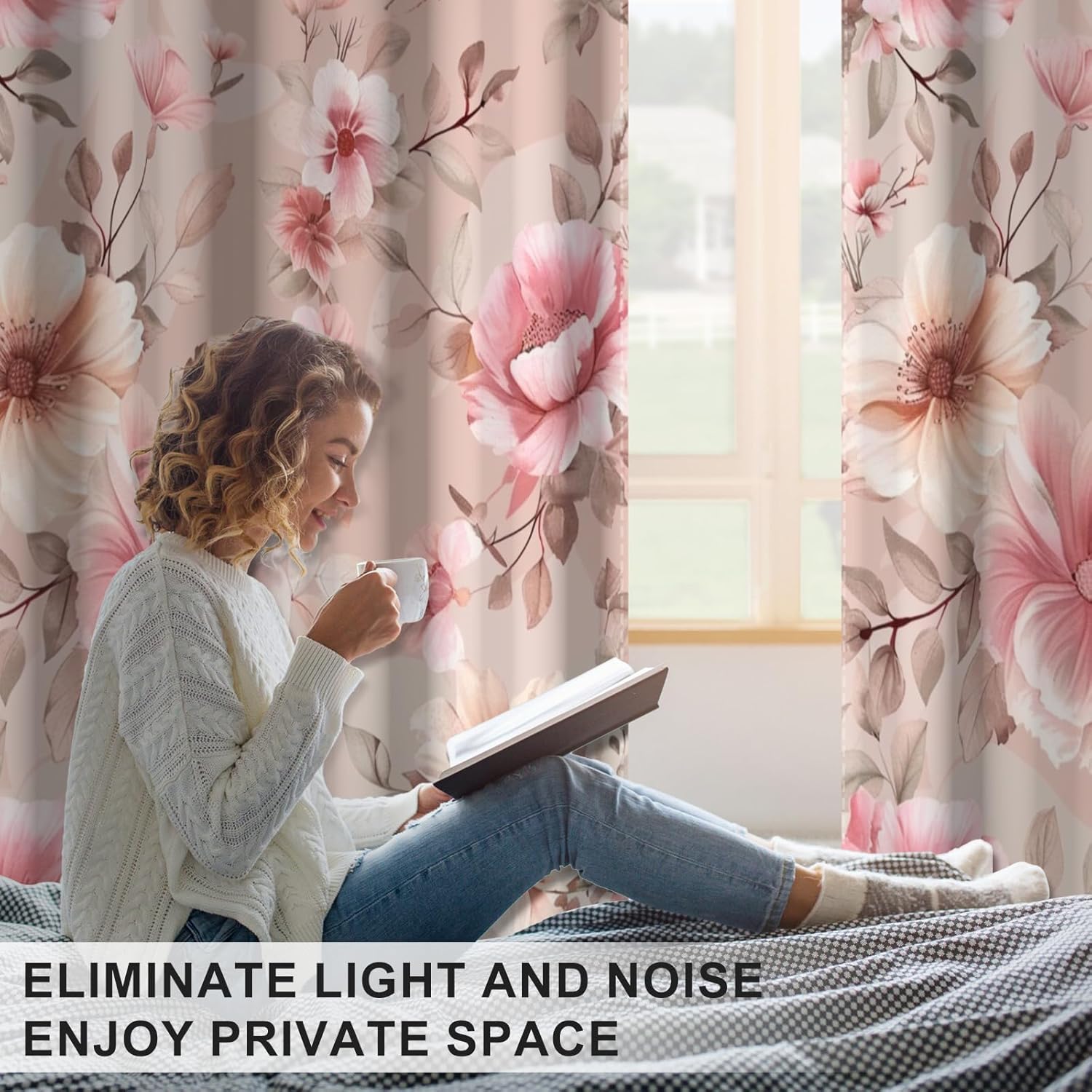 Girls Bedroom Blackout Curtains 84 Inch Length 2 Panels Set, Spring Thermal Insulated Soundproof Pink Floral Black Out Curtains for Nursery and Living Room, Vintage Pattern Grommet Darkening Drapes