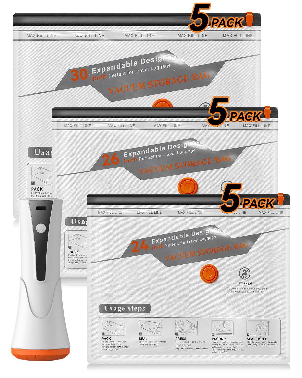 Vakuumbeutel für Kleidung, platzsparende Beutel mit wiederaufladbarer, kabelloser Luftpumpe, Kompressions-Verpackungsbeutel für Verpackung, Gepäck und saisonale Aufbewahrung (15 Kombi-Set)