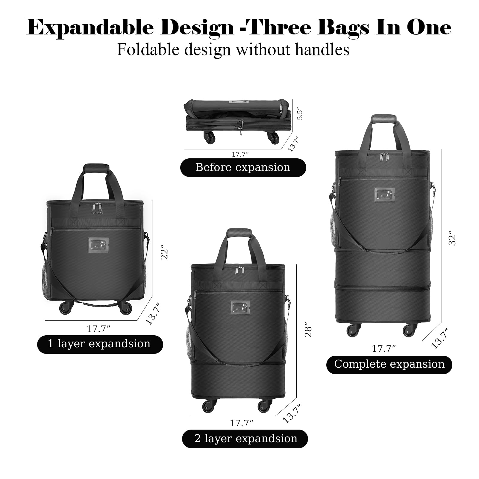 AKOZLIN Valigia pieghevole espandibile con 4 ruote universali, bagaglio pieghevole da 50/61/71 cm, borsa da viaggio di grande capacità, per viaggi di lavoro, nero