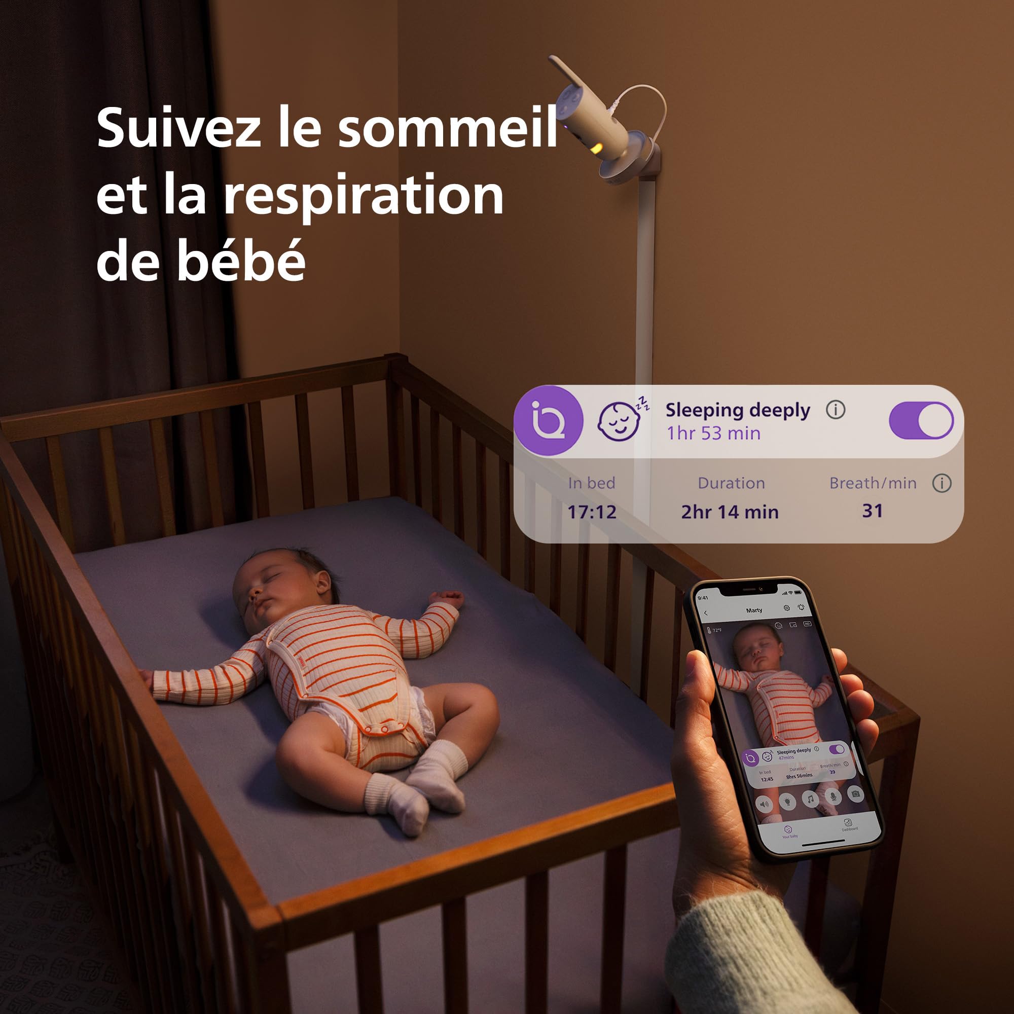 AVENT Philips Babyphone caméra Premium avec appli – caméra HD 1080 px, Suivi IA Sommeil et Respiration, interprétation des Pleurs, certifié Dekra cybersécurité maximale, Fixation Murale, SCD974/26