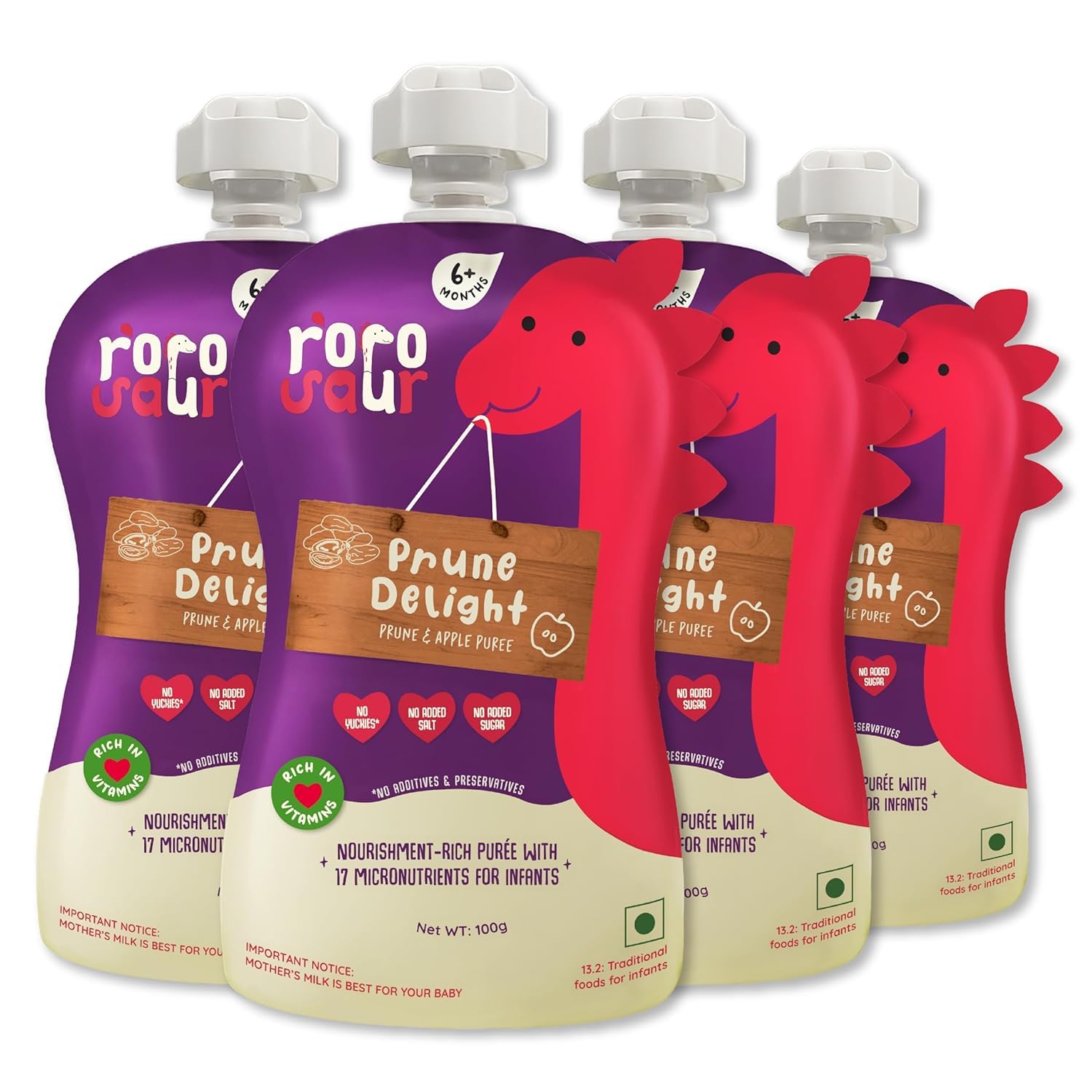 Rorosaur Baby Food Pouch | Prune Fruit Puree helps with constipation & indigestion for Baby and Toddlers,6+ Months, No more tummy problems | Ready to Eat, No Preservatives, No Added Sugar |100g each, Pk of 4 Rorosaur Baby Food Pouch | Prune Fruit Puree helps with constipation & indigestion for Baby and Toddlers,6+ Months, No more tummy problems | Ready to Eat, No Preservatives, No Added Sugar |100g each, Pk of 4