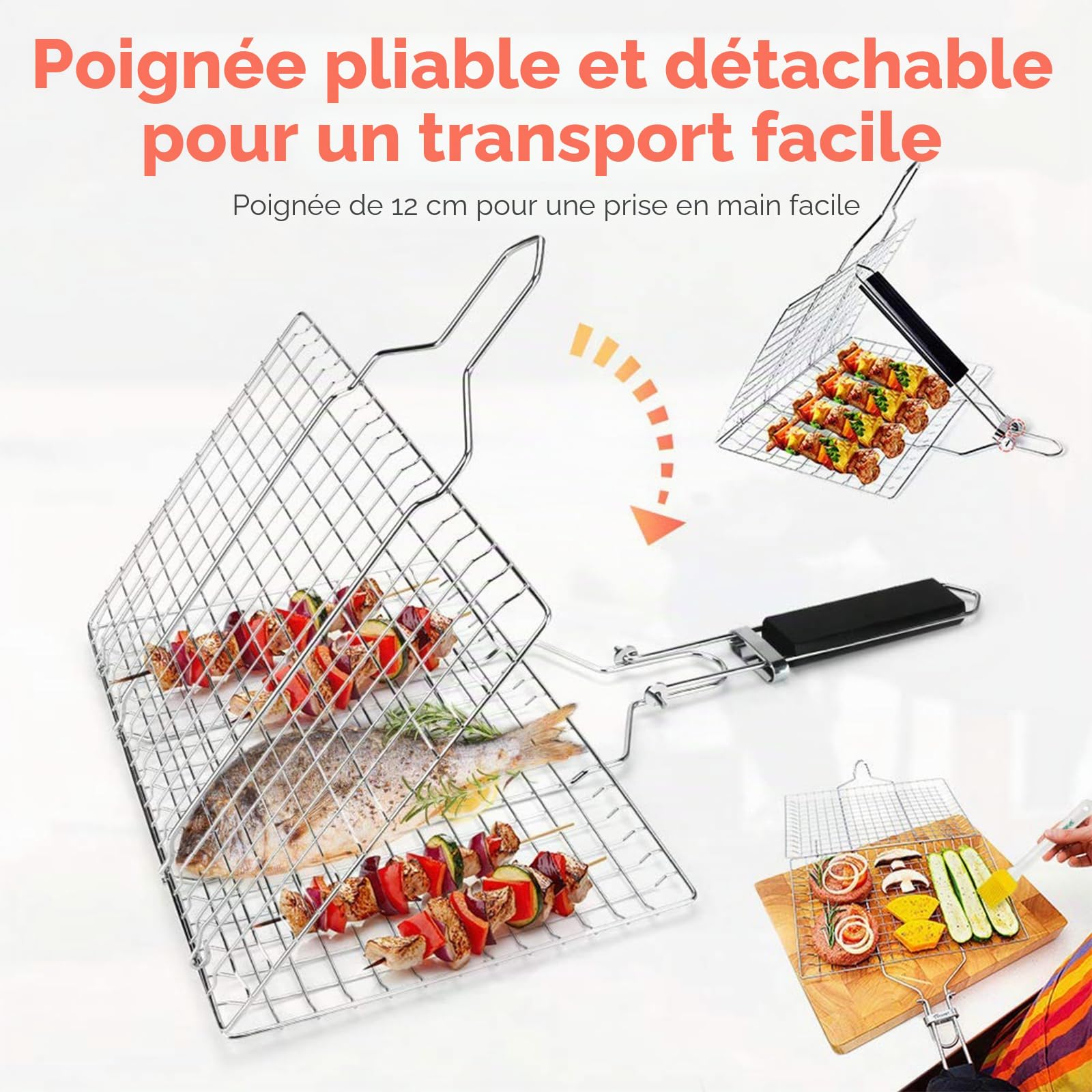 Lot De 2 Paniers De Barbecue Portables, Paniers De Grillades De Poisson Pliables, Paniers De Barbecue Pliables En Acier Inoxydable Avec Poignée En Bois Amovible Pour Poisson Rôti, Brochettes