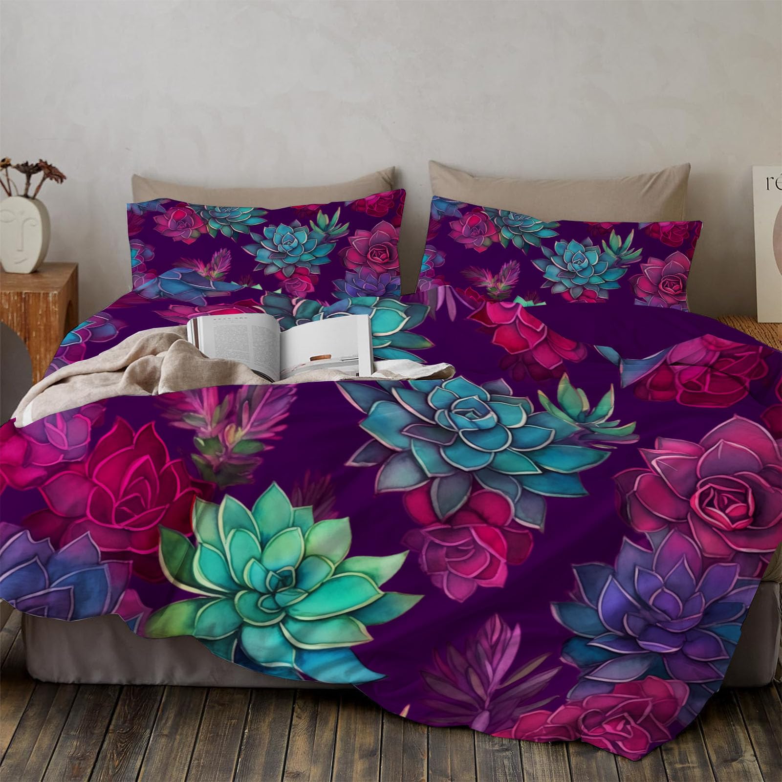 Parure de lit fleurs pour chambre moderne, parure microfibre aquarelle magenta 200x200