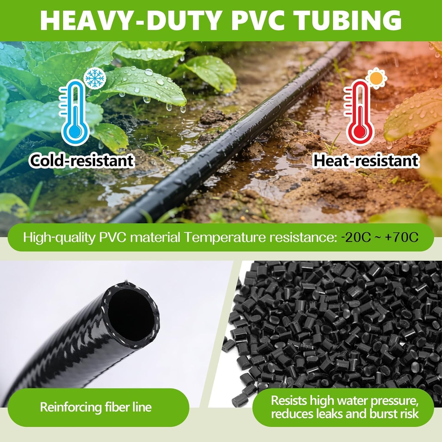 Kit de Tubo de Goteo 15m 1/2", Manguera de Riego para Sistema de Riego de Jardín, Tubo Distribuidor PVC Negro (Incluye Conector de 6 Vías, Tapones de Extremo 1/2" y 1/4")