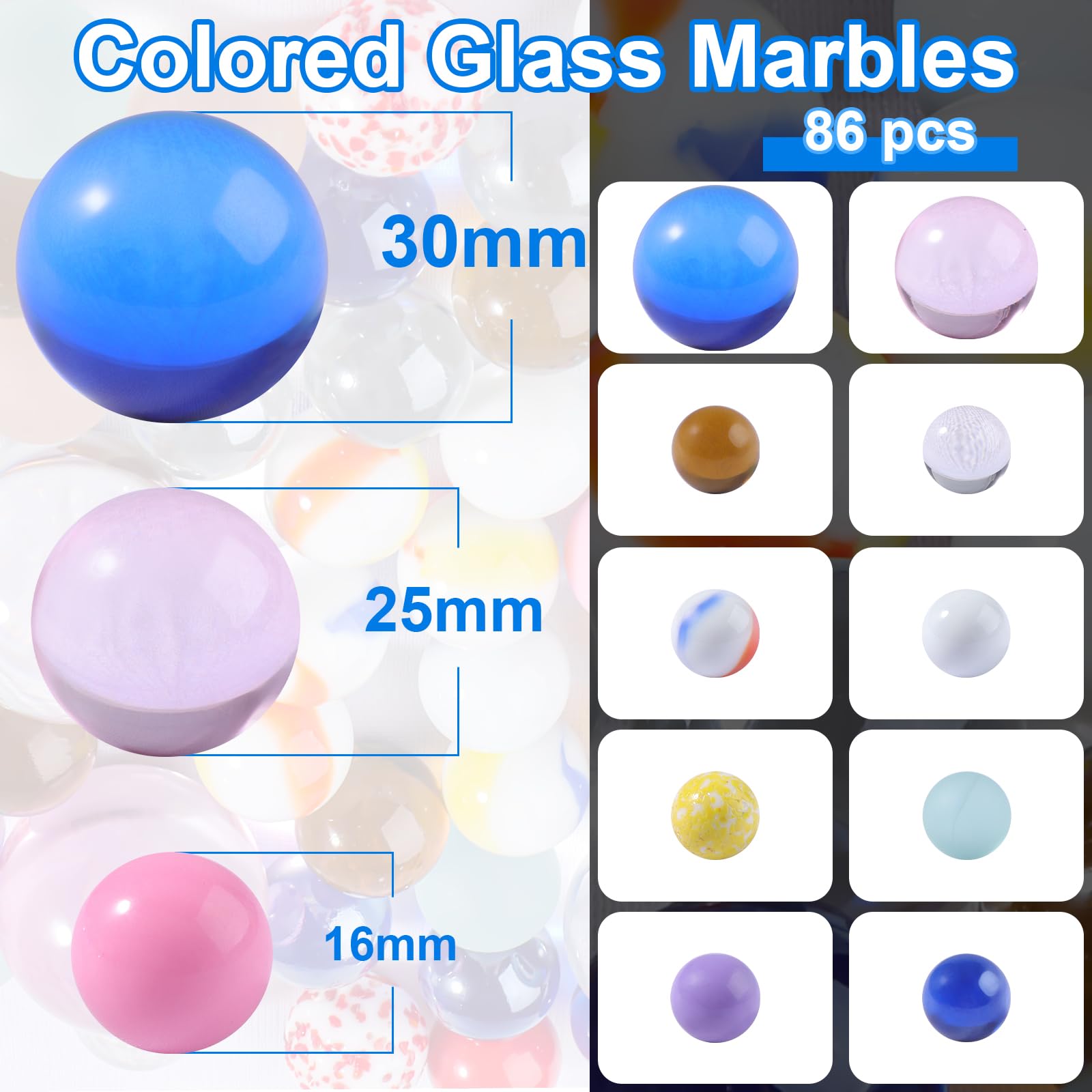 Biglie di Vetro Colorate Decorative 86 Pezzi 16/25/30 mm per Bambini Giocattoli Tradizionali