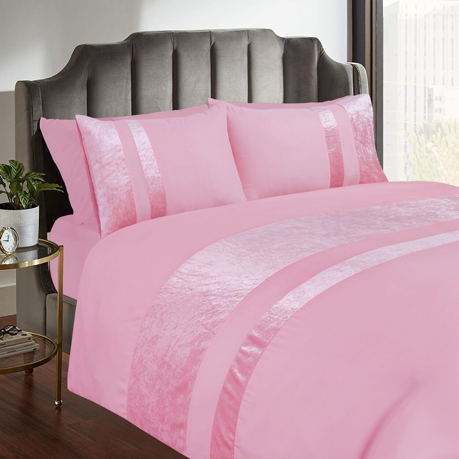 Casabella Luxury Crushed Velvet Panel Band Duvet Cover Sets with Pillow Case Double Duvet Cover Bedding Set