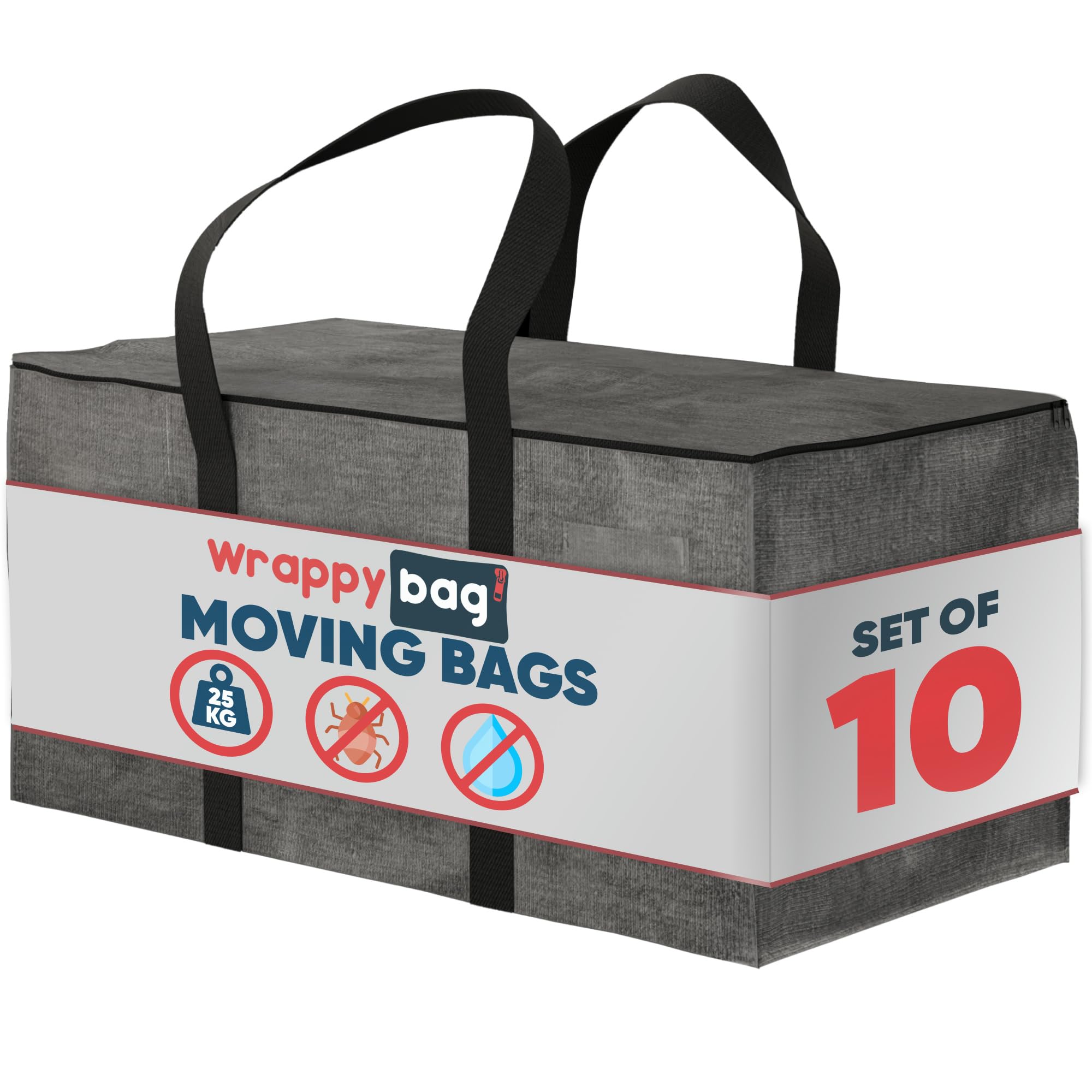 WRAPPYBAG Pack of 10 XXL Storage Bags – with transparent window - Packing bags for Moving House – Water-reppelent with Reinforced Handles – for Clothes & Bedding storage – 75 x 36 x 38 cm