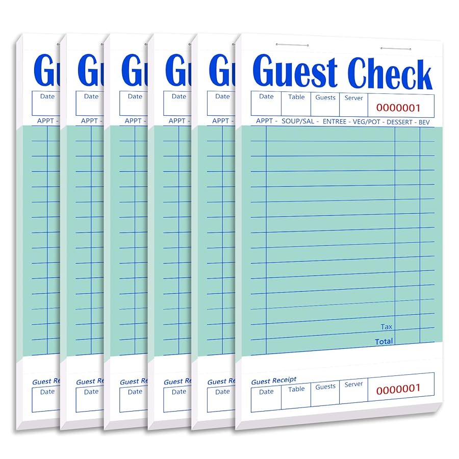 Guest Check Books 6 Pack, Guest Checks for Servers, Server Note Pads, Waitress Accessories Writing Pad, Thick Server Paper with Guest Receipts, Restaurant Supplies Order Pad Total 300 Sheets - image 1