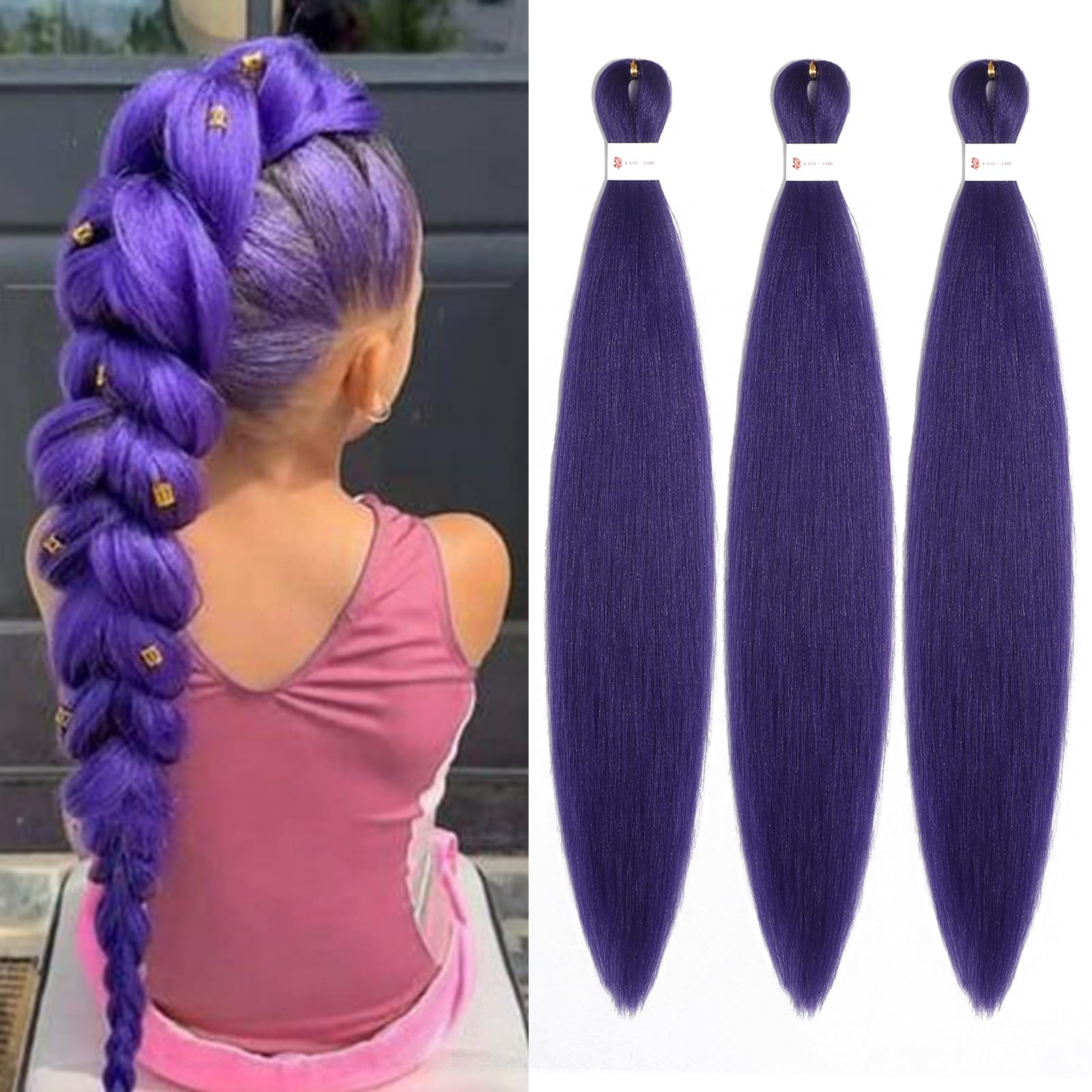 Purple Braiding Hair Pre Stretched 24 Inch 3 Packs for Rumi Wig Hair Braids 24 Inch (Pack of 3) Purple