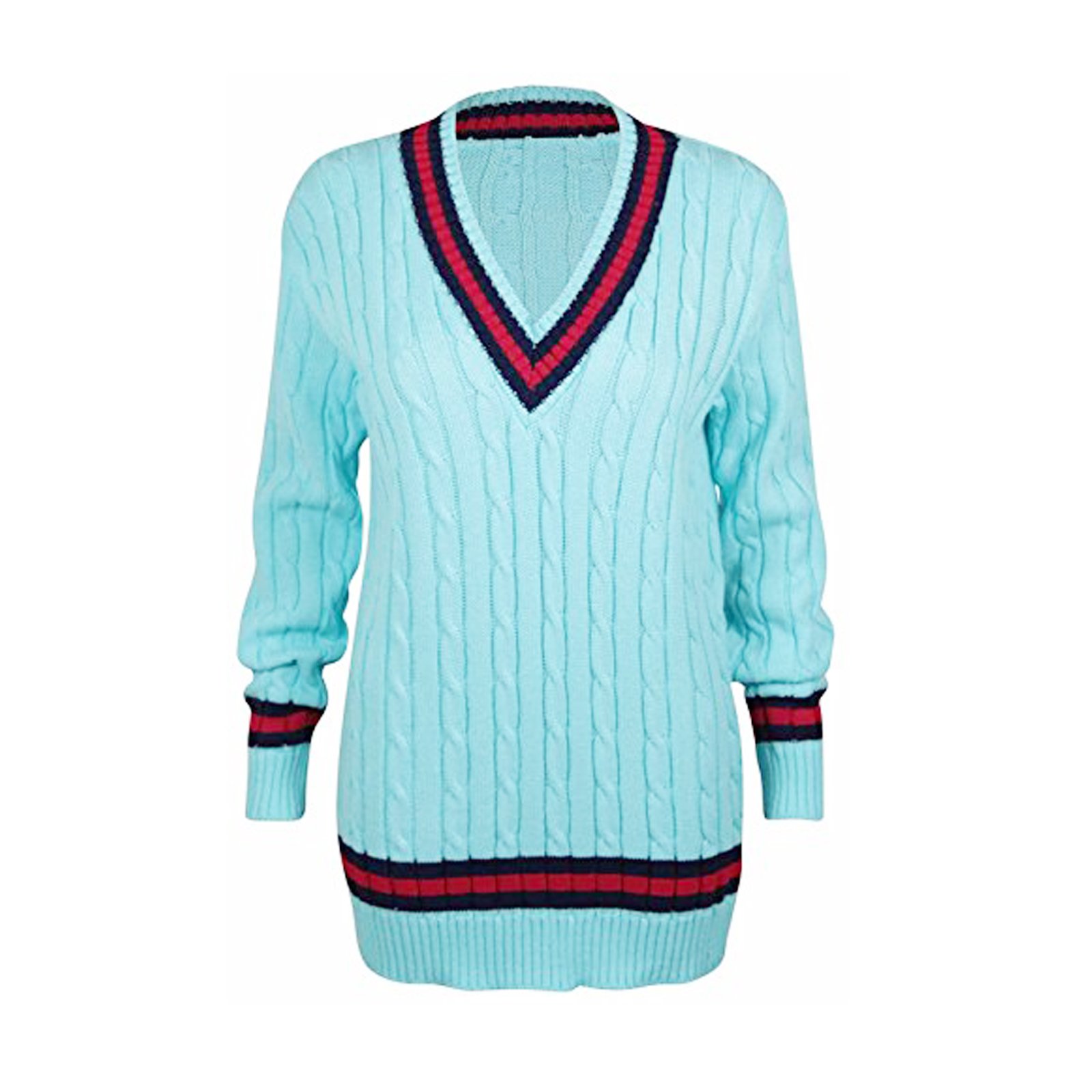 Minni Rossa Womens V Neck Cable Knit Cricket Jumper Pullover Sweater top UK Plus Sizes (Aqua, S-M)