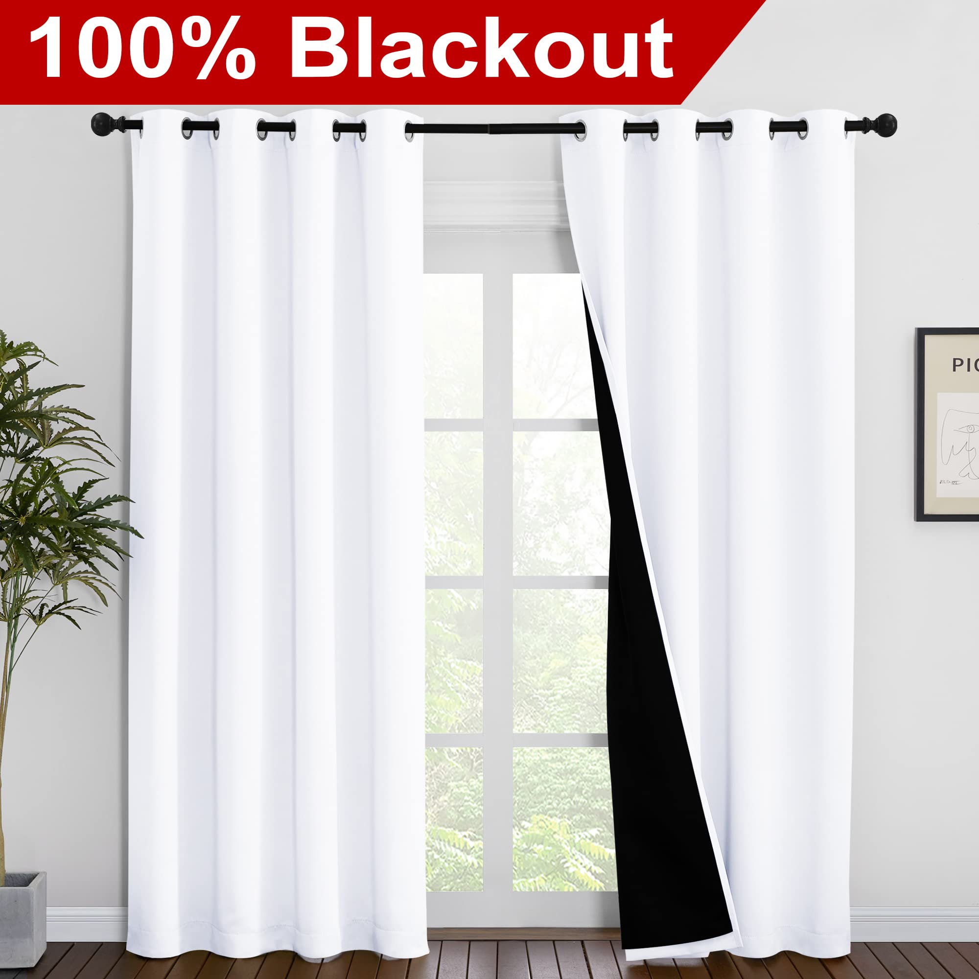 NICETOWN 100% Blackout Window Curtain Panels, Heat and Full Light Blocking Drapes with Black Liner for Nursery, 86 inches Drop Thermal Insulated Draperies (White, 2 Pieces, 55 inches Wide Each Panel)