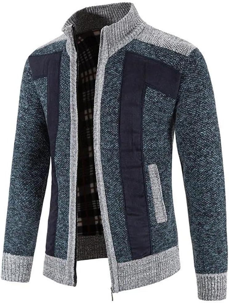 Men's Thick Warm Patchwork Cardigan Fleece Knitted Stand Collar Sweater Casual Knitwear Outerwear for Winter