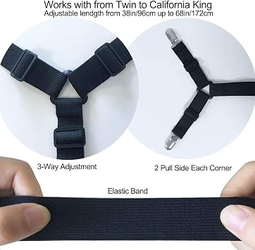Bed Sheet Holder Straps - Adjustable Bed Sheet Clips Fasteners Keep Sheets Stays in Place,2Pcs/Set Black