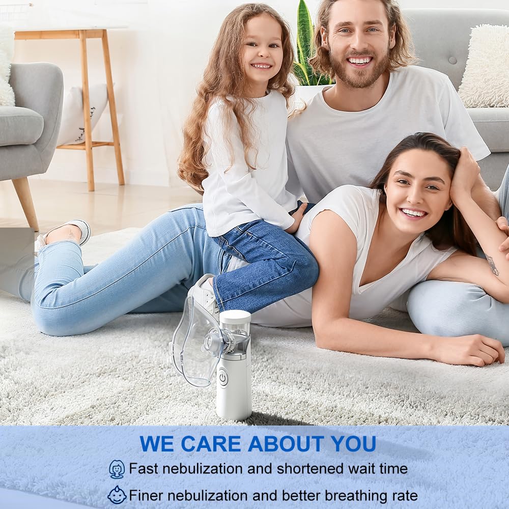 Nebulizador portátil silencioso y recargable, con nebulización eficiente, incluye 2 mascarillas y 1 boquilla, adecuado para adultos y niños, ideal para uso doméstico y viajes (Blanco)