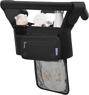 RUVALINO Stroller Organizer with Cup Holders - Stroller Caddy with Detachable Bag, Tissue Pocket, Non-Slip Strap Accessories for Uppababy, Umbrella, Wagon, Baby Jogger, Bob, and Pet Stroller