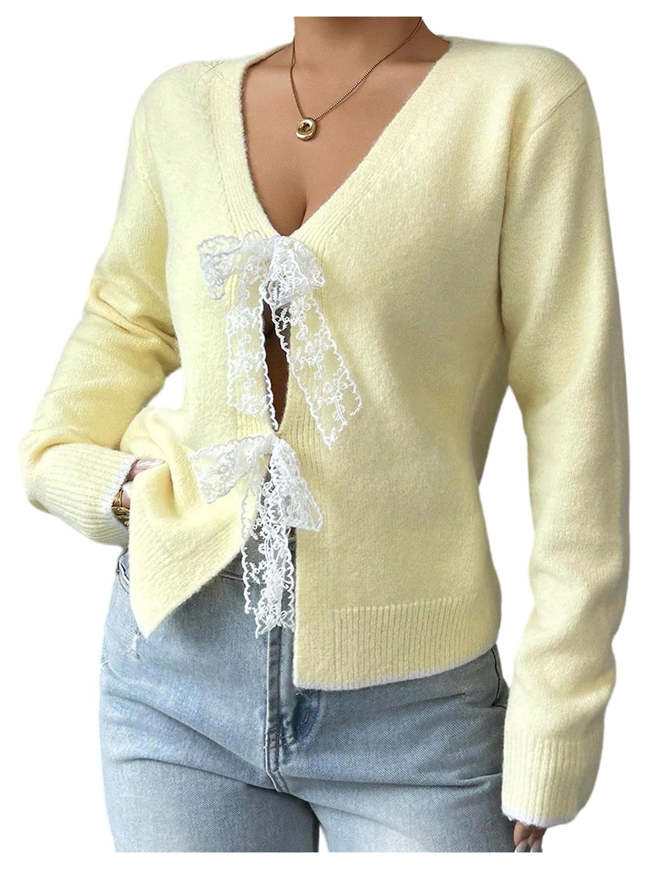 SHENHE Womens Bow Sweater Cut Out V Neck Dressy Knit Sweater Pullover Fall Casual Outfits