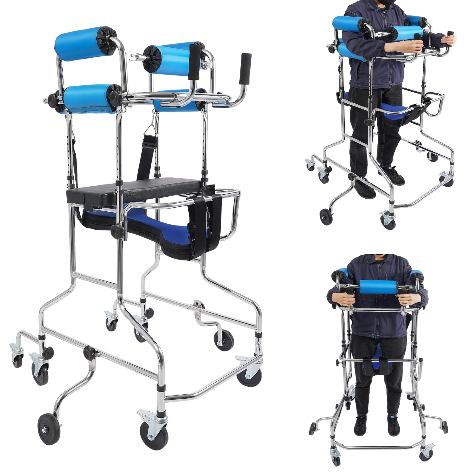Adult Standing Walker, Elderly Hemiplegia Rehabilitation Standing Frame, Lower Limb Training Aid with Seat for Seniors Disabled, Adjustable Height, withstands 220 lbs, Walker with 8 Wheels (Brake)
