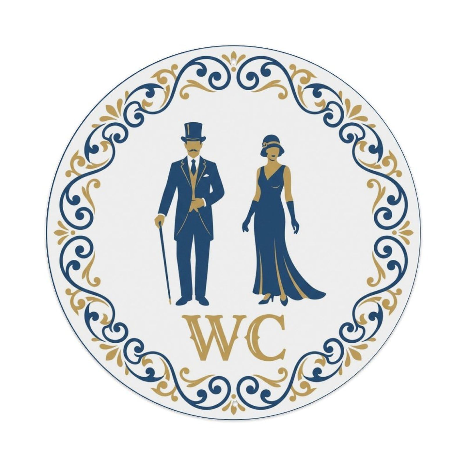 Restroom Notice WC Ivory Blue Scroll Frame Metal Tin Sign
