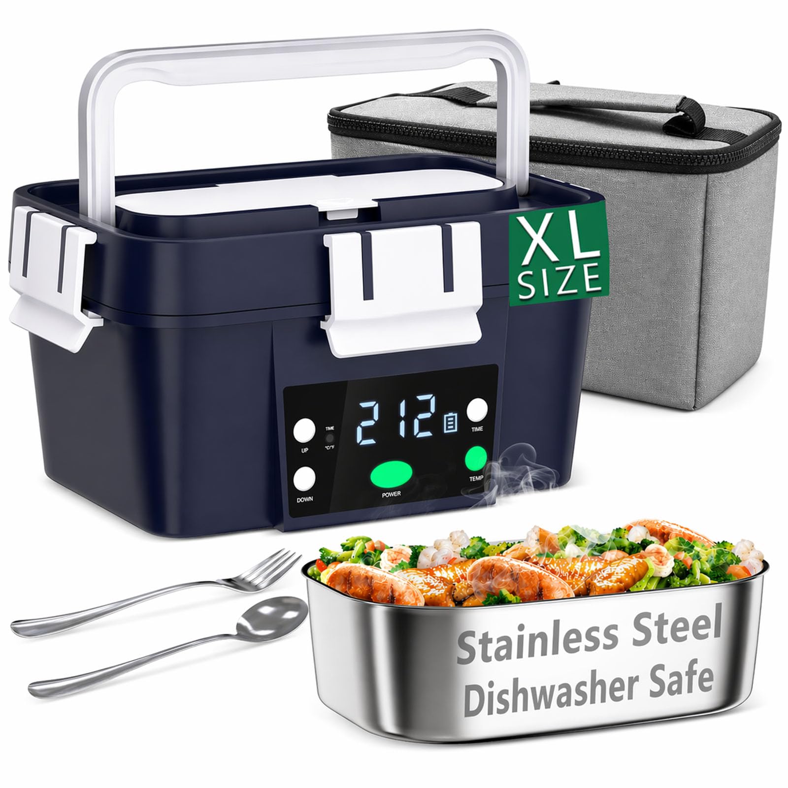 Photo 1 of GAOCO Portable Electric Lunch Box, Containing a 20,000mAh Battery Powered,1.6L Stainless Steel Inner Liner & Leak-Proof Cap Cordless Lunch Box with Scheduled Heating for Insulated/Heating (Navy Blue)