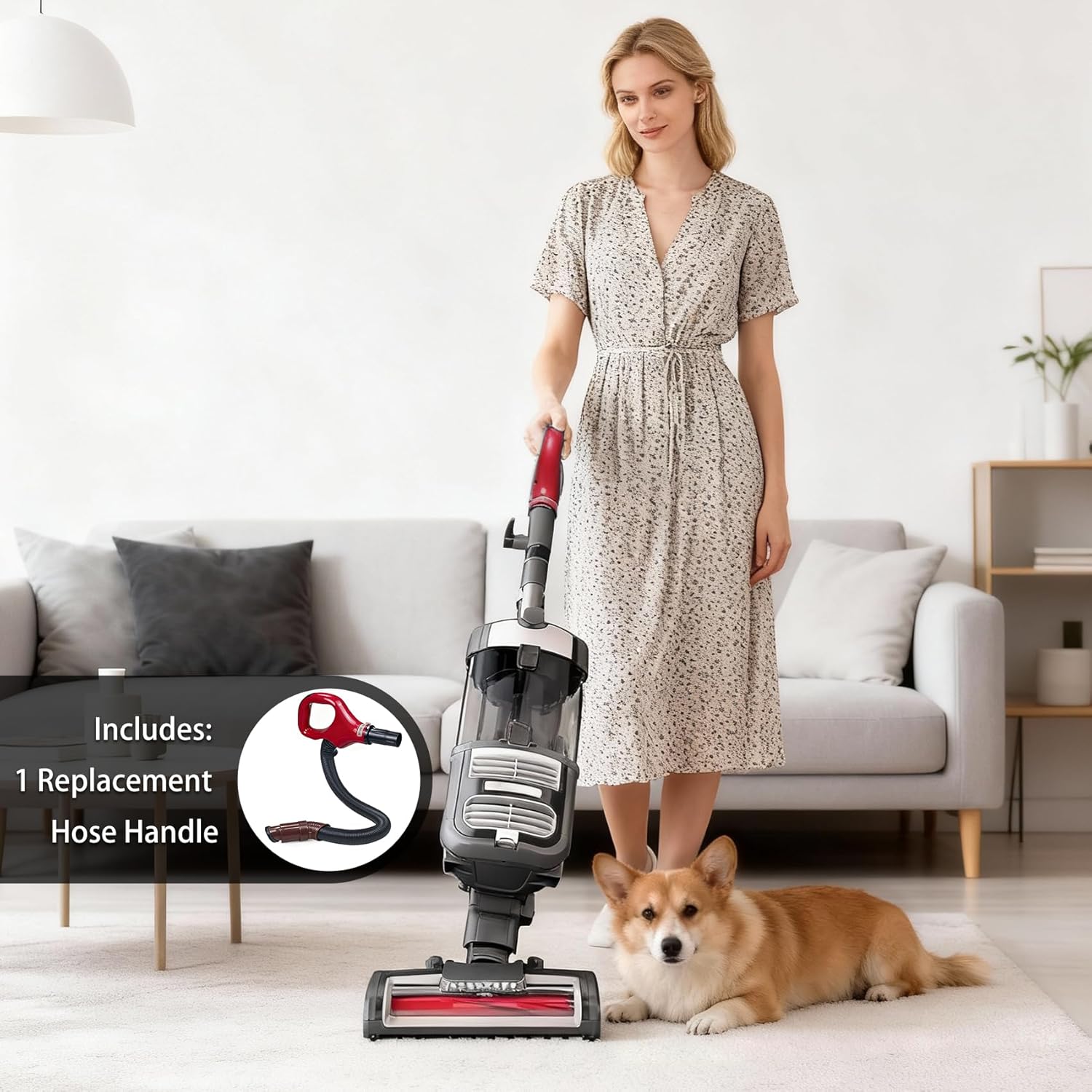 Woman installing a vacuum hose onto an upright vacuum cleaner
