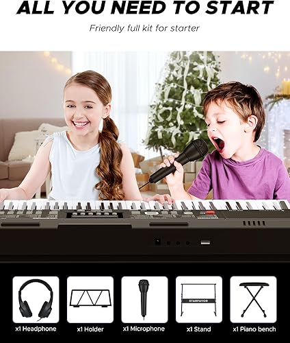 Miniatura 6 de Starfavor - Teclado eléctrico portátil de 61 teclas de tamaño completo para adultos y niños principiantes incluye soporte estilo Z taburete fuente