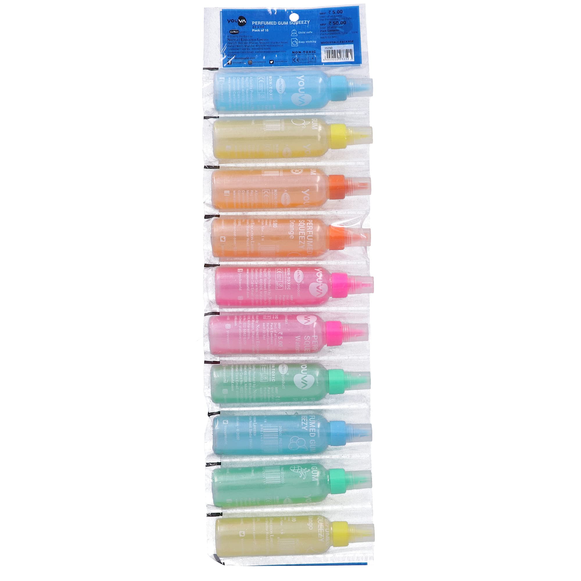 Navneet Youva | Perfumed Gum Squeezy | 22.5 ml | 5 Fruits fragrances| Pack of 10| Set of 2, Multi Color, (35260)
