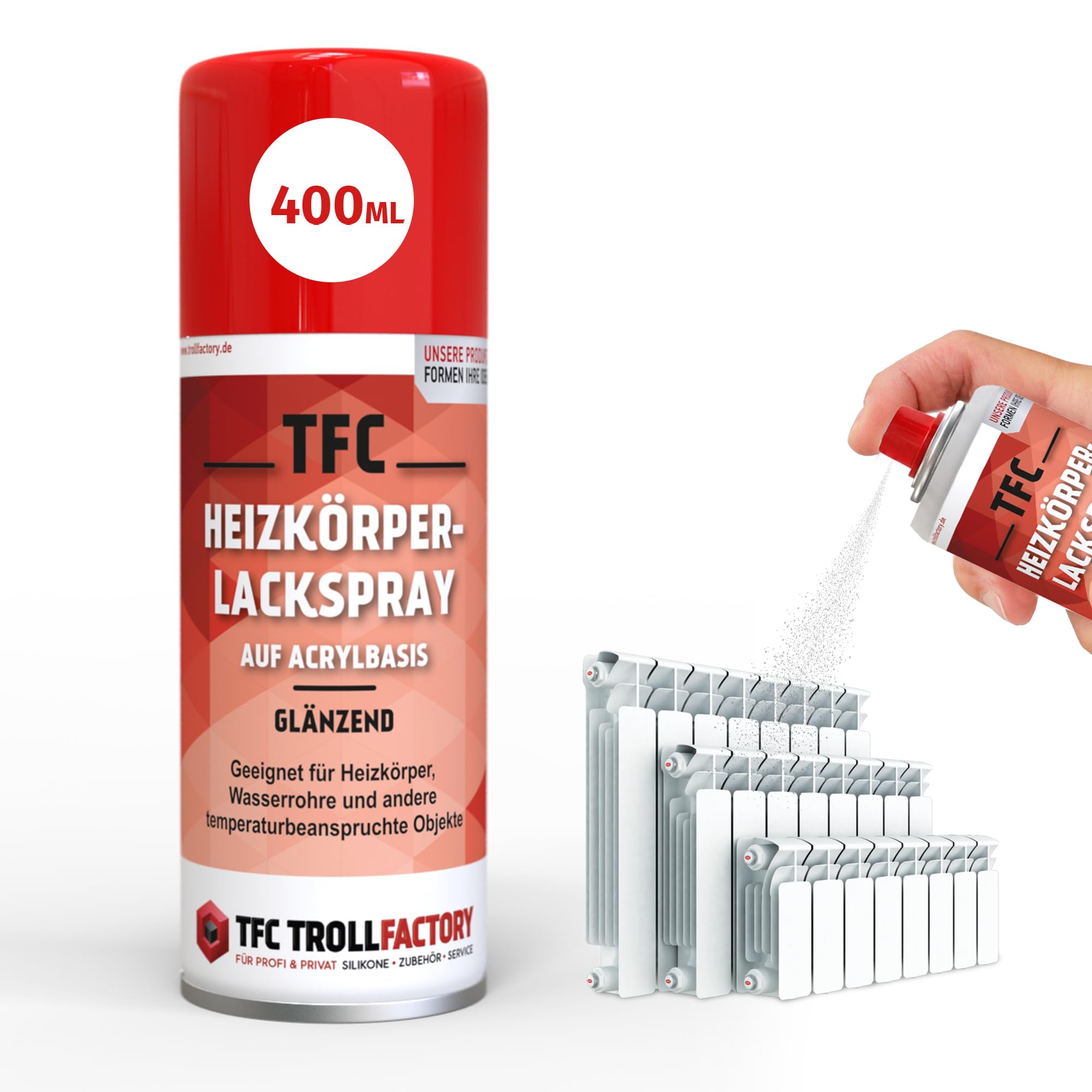 TFC lakier do grzejników w sprayu – błyszczący, czysta biel, spray na bazie akrylu do grzejników i rur wodnych, łatwe zastosowanie, doskonałe krycie, szybkoschnący i odporny na promieniowanie UV, 2 x