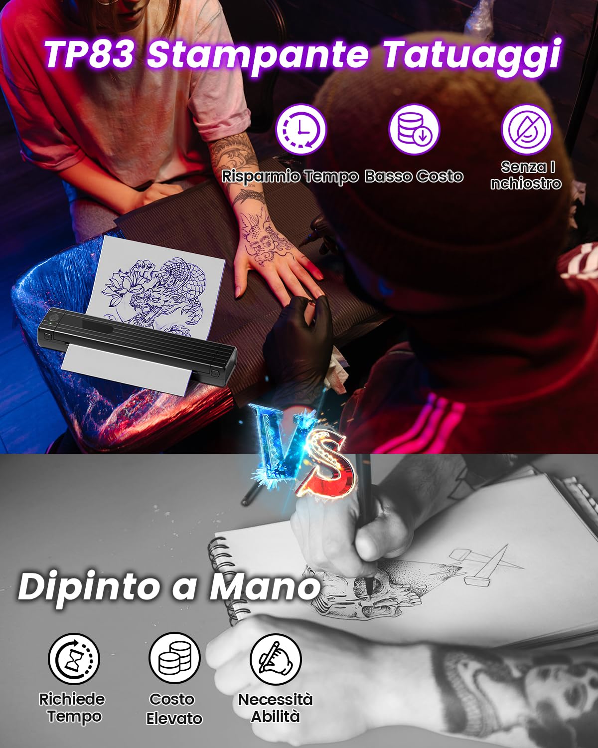 ASprink Stampante Stencil Tattoo, TP83 Stampante Tatuaggi Bluetooth per Artisti e Principiante di Tatuaggi, Stampante Termica tatuaggi con 10 Fogli di Carta, Compatibile con Smartphone, Tablet e PC