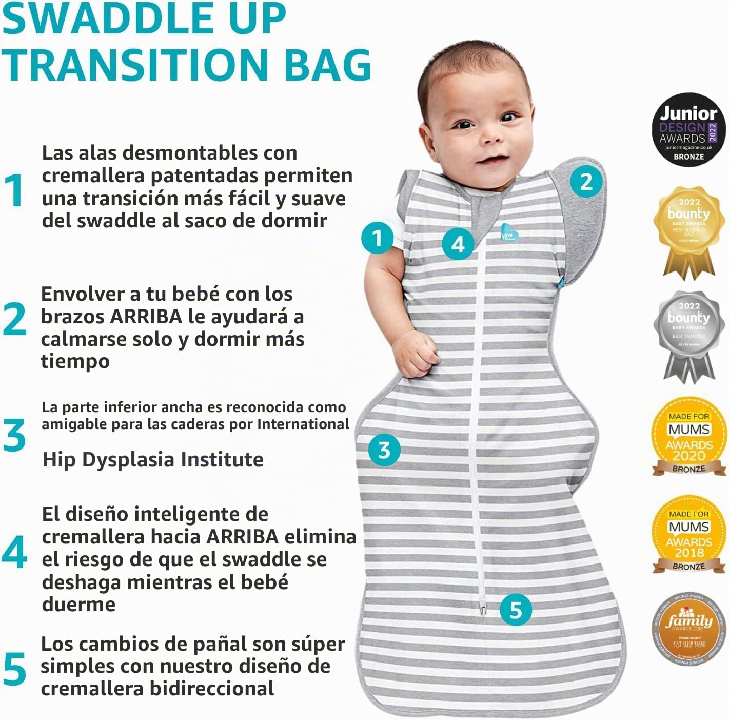 Love To Dream Bolsa de transición extra cálida, tela ideal para temperaturas frías por debajo de 16 °C, alas con cremallera, transición suave de envolver a dormir sin brazos, gris, grande 8,5-11 kg,