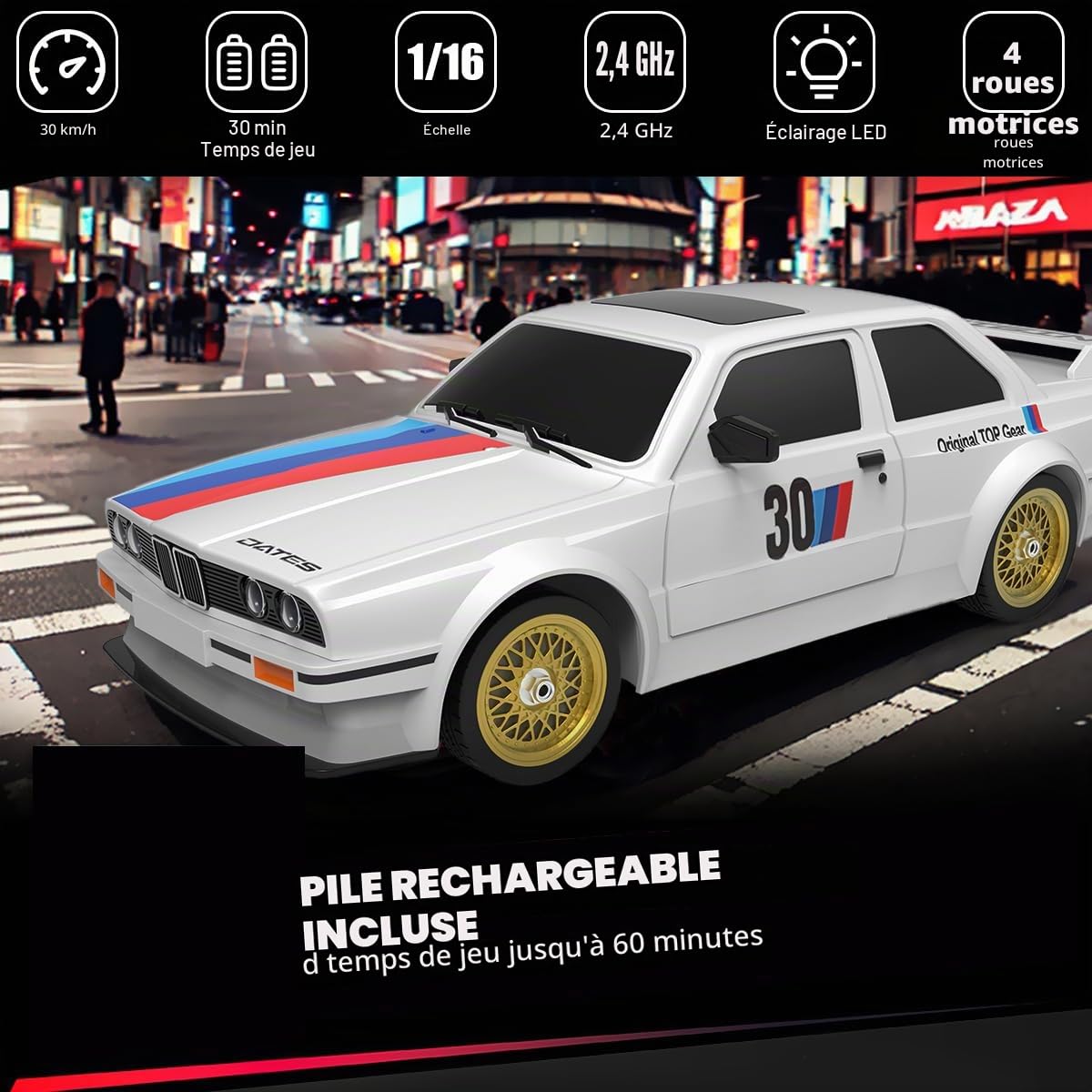 Mostop Voiture télécommandée 1/16 RC Drift 2,4 GHz 4WD Haut-Vitesse 30+ km/h Véhicule classique LED Pneus de course Jouet pour adultes et garçons