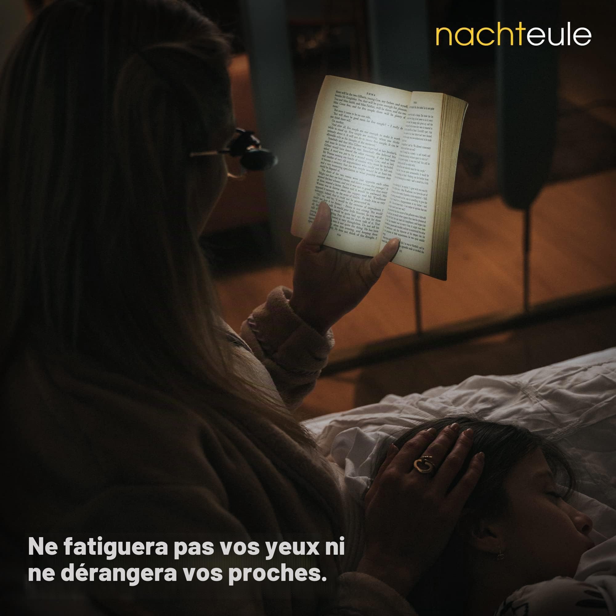 La liseuse "NACHTEULE" - facilement attachable aux lunettes ou les bandeu includé. Nouveau modèle rechargeable. Lampe de lecture. Lire au lit. Lampe á bricoler.