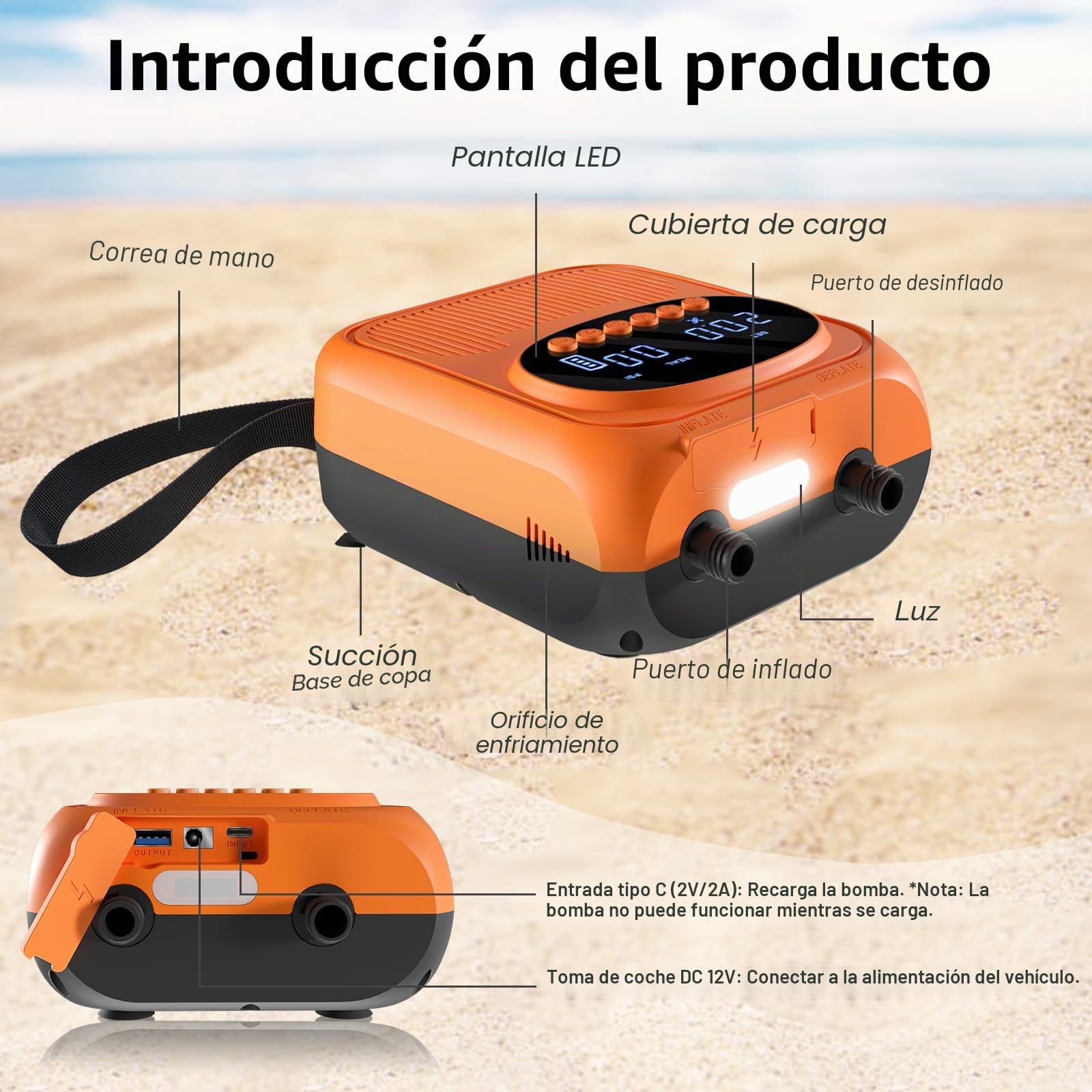 Bomba Eléctrica 20 PSI para Sup - Bomba Inteligente Recargable con Conector 12V, Inflado/Desinflado con Parada Automática - para Paddle, Kayak, Carpas, Colchonetas de Aire, Juguetes de Piscina