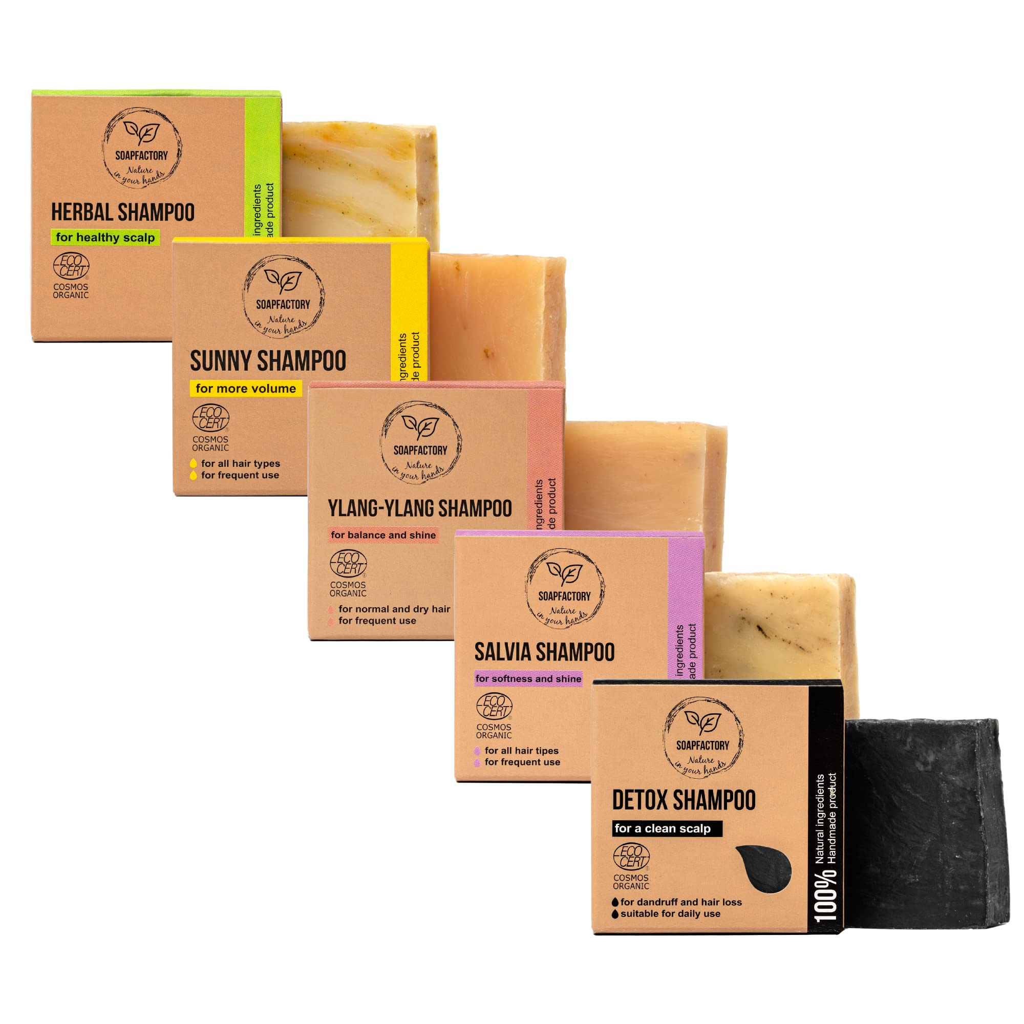 SoapFactory Organic Shampoo Bar Set for Men and Women, 100% Natural Hair Soap, Variety Pack with Activated Charcoal, Lemongras, Tea Tree, Lavender and Ylang Ylang, Vegan (5 Pack)