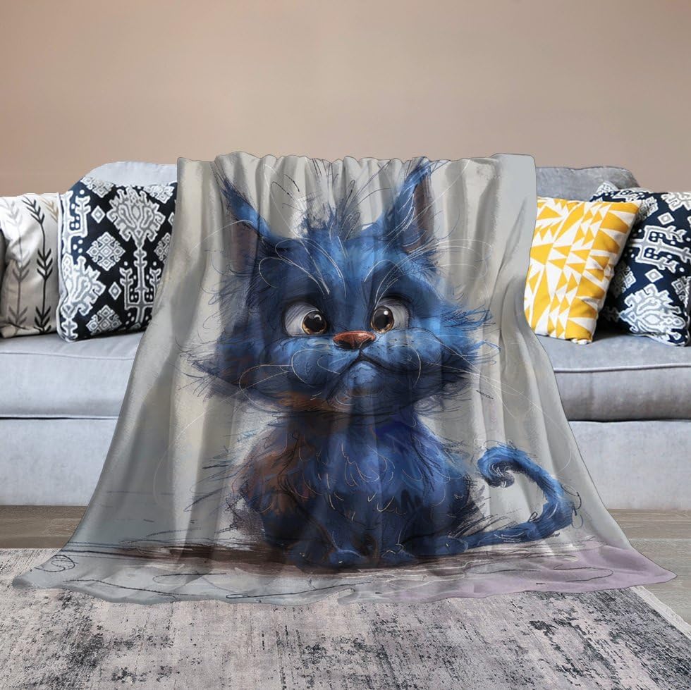 Couverture ultra douce motif chat bleu plaid flanelle canapé lit toutes saisons