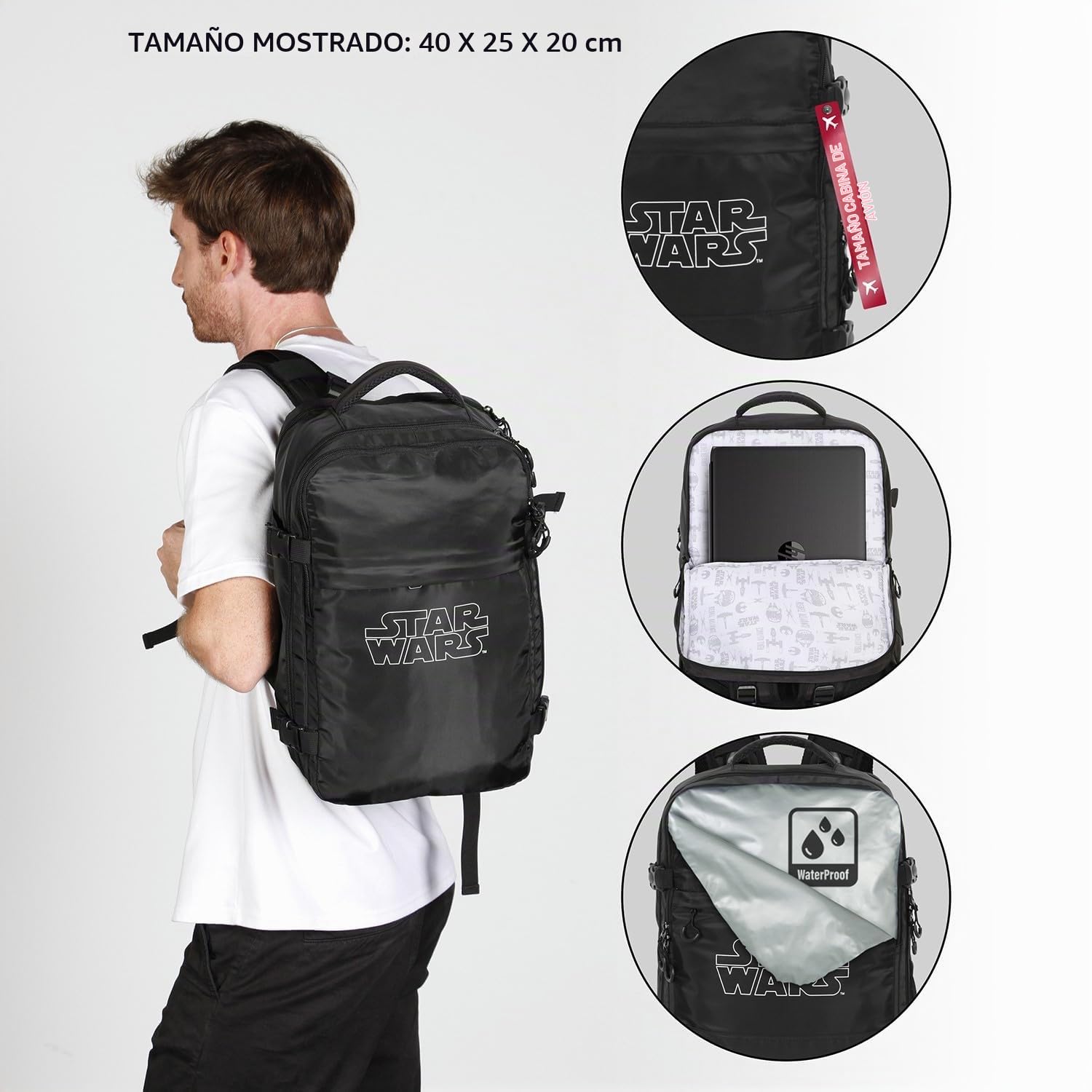 Star Wars Logo-Mochila Mercury Viaje Cabina Avión 40x20x25cm, Negro, Capacidad 20 L
