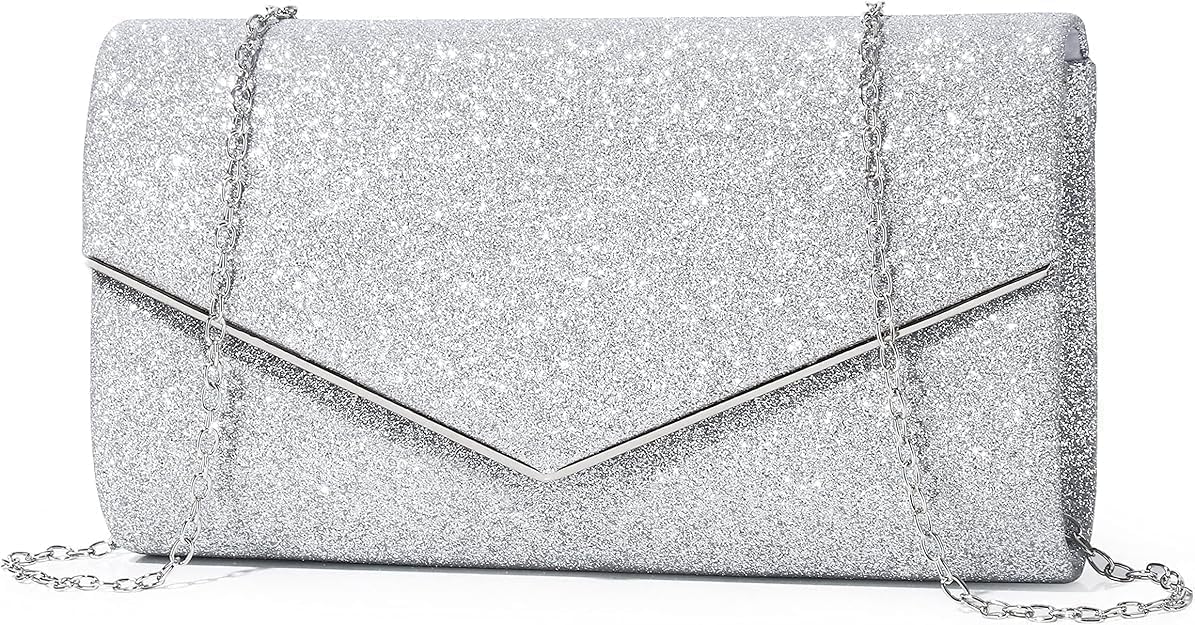 Mooedcoe Glitzer Clutch Damen, Elegante Abendtasche Silber mit Abnehmbarer Kette – Handtasche Klein, Stilvoll für Hochzeit, Party, Ball